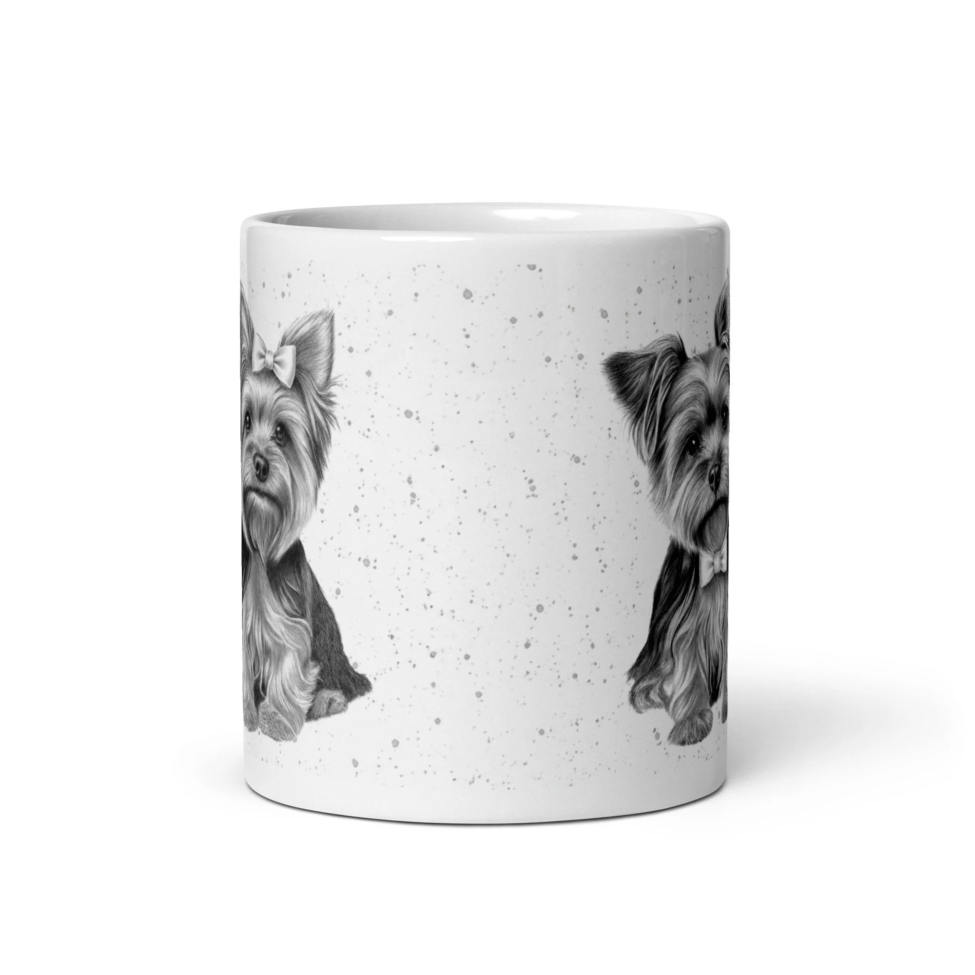 Premium ceramic coffee mug with two Yorkshire Terrier portraits by Matthew Lloyd, featuring coordinating grey bow accessories.
