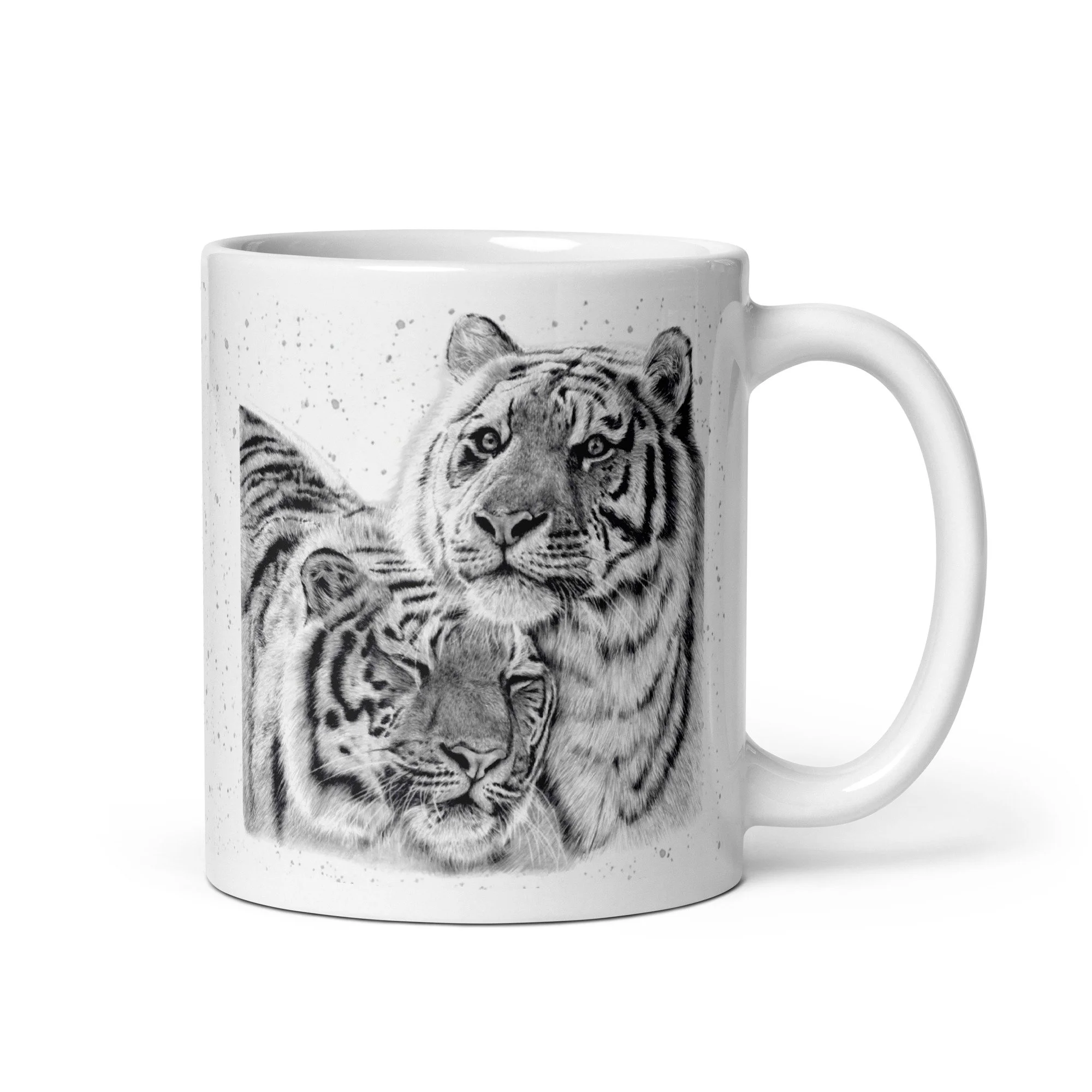 White ceramic mug featuring original artwork of two majestic tigers by UK artist Matthew Lloyd with a glossy finish.