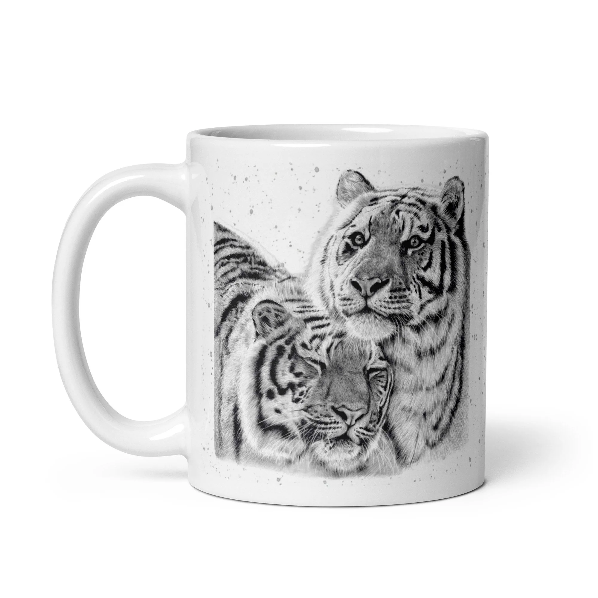 11oz ceramic coffee mug displaying a detailed illustration of two tigers by Matthew Lloyd, perfect for wildlife and animal lovers.