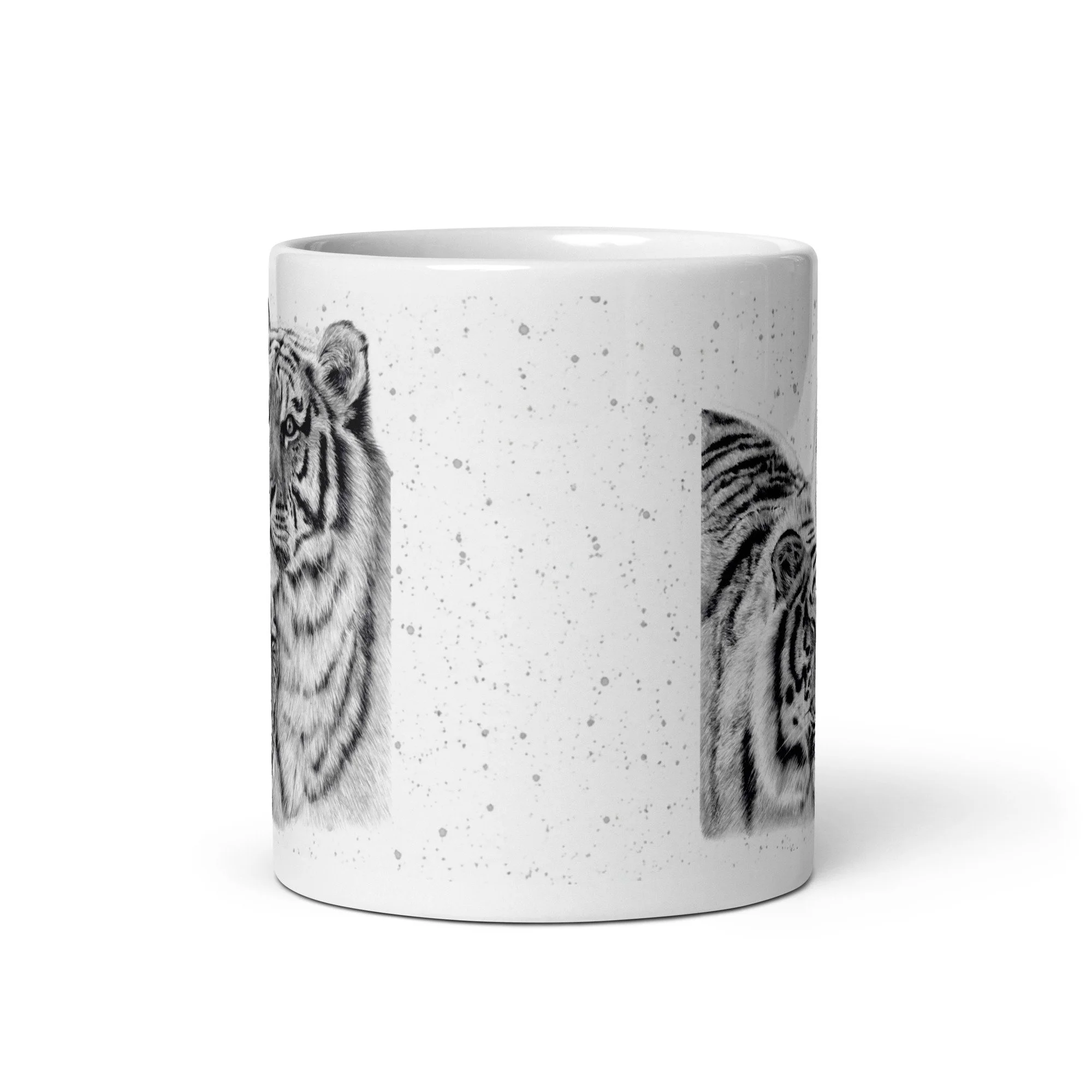Premium tiger mug showcasing two beautifully illustrated tigers on a glossy white ceramic mug designed by British artist Matthew Lloyd.