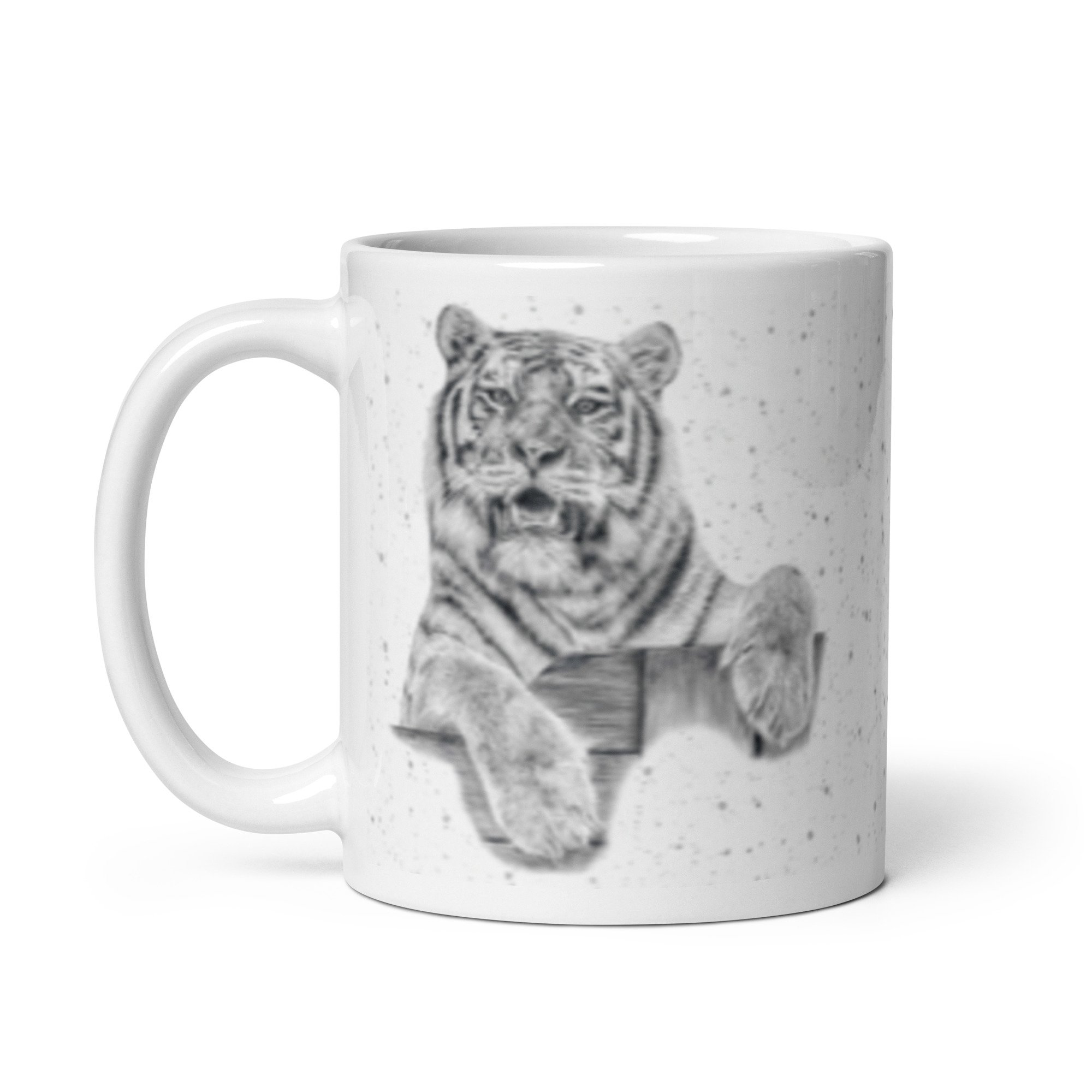 Premium ceramic coffee mug displaying a detailed illustration of a single tiger by Matthew Lloyd, perfect for wildlife enthusiasts.