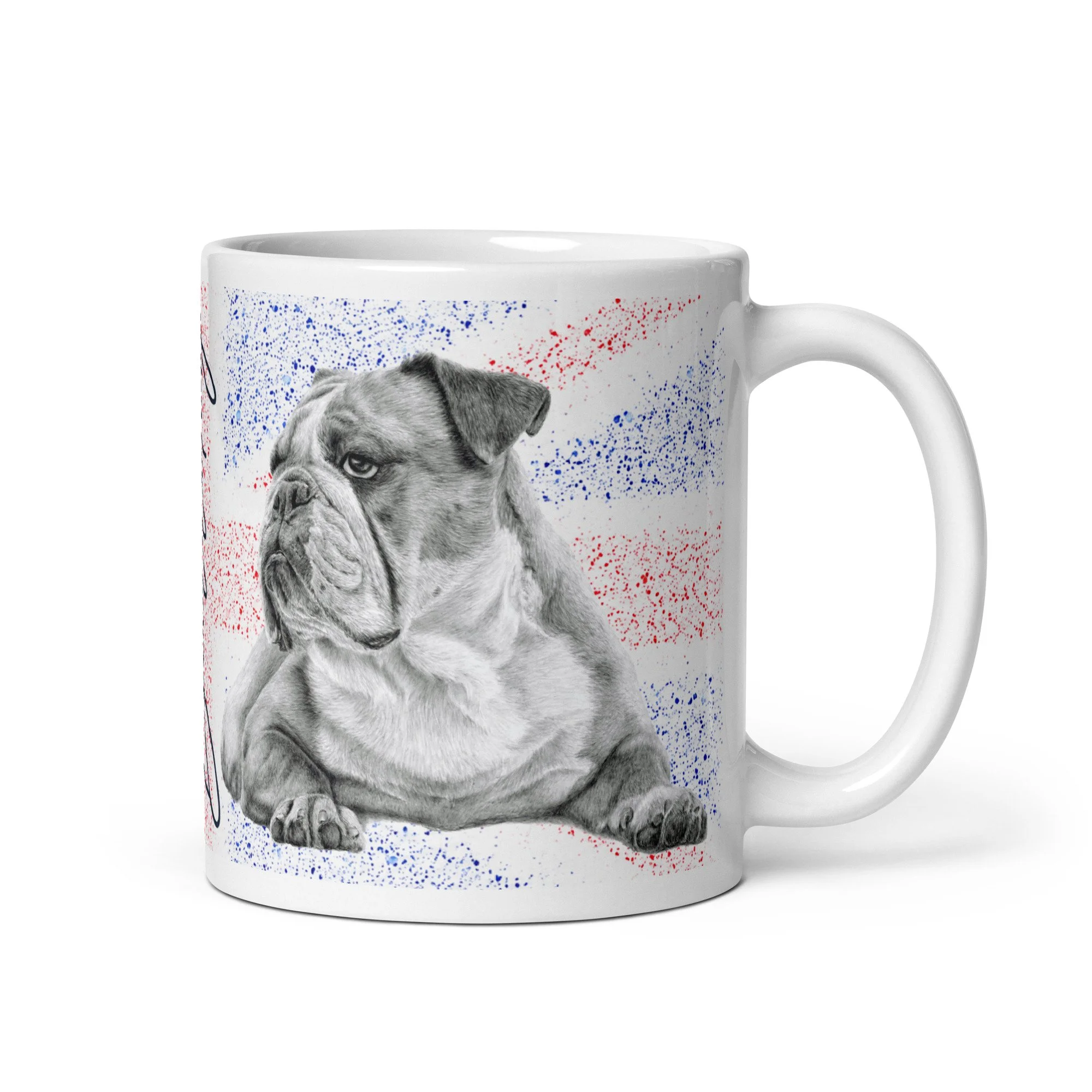 British Bulldog ceramic mug featuring a detailed Bulldog illustration against a Union Jack background with Bulldog lettering in signature font.