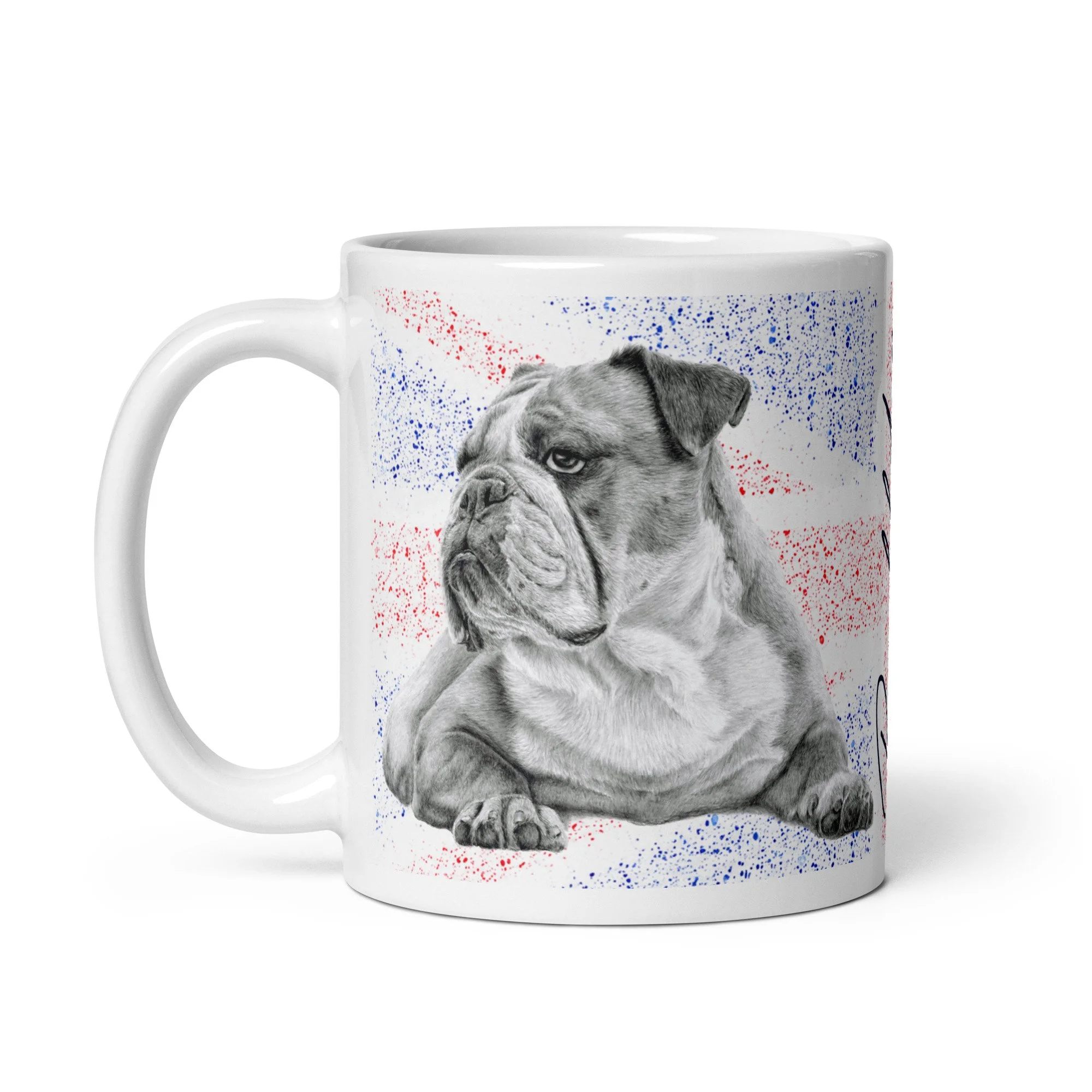 Glossy ceramic Bulldog mug displaying British Bulldog artwork, Union Jack background, and stylish signature typography by UK artist Matt Lloyd.