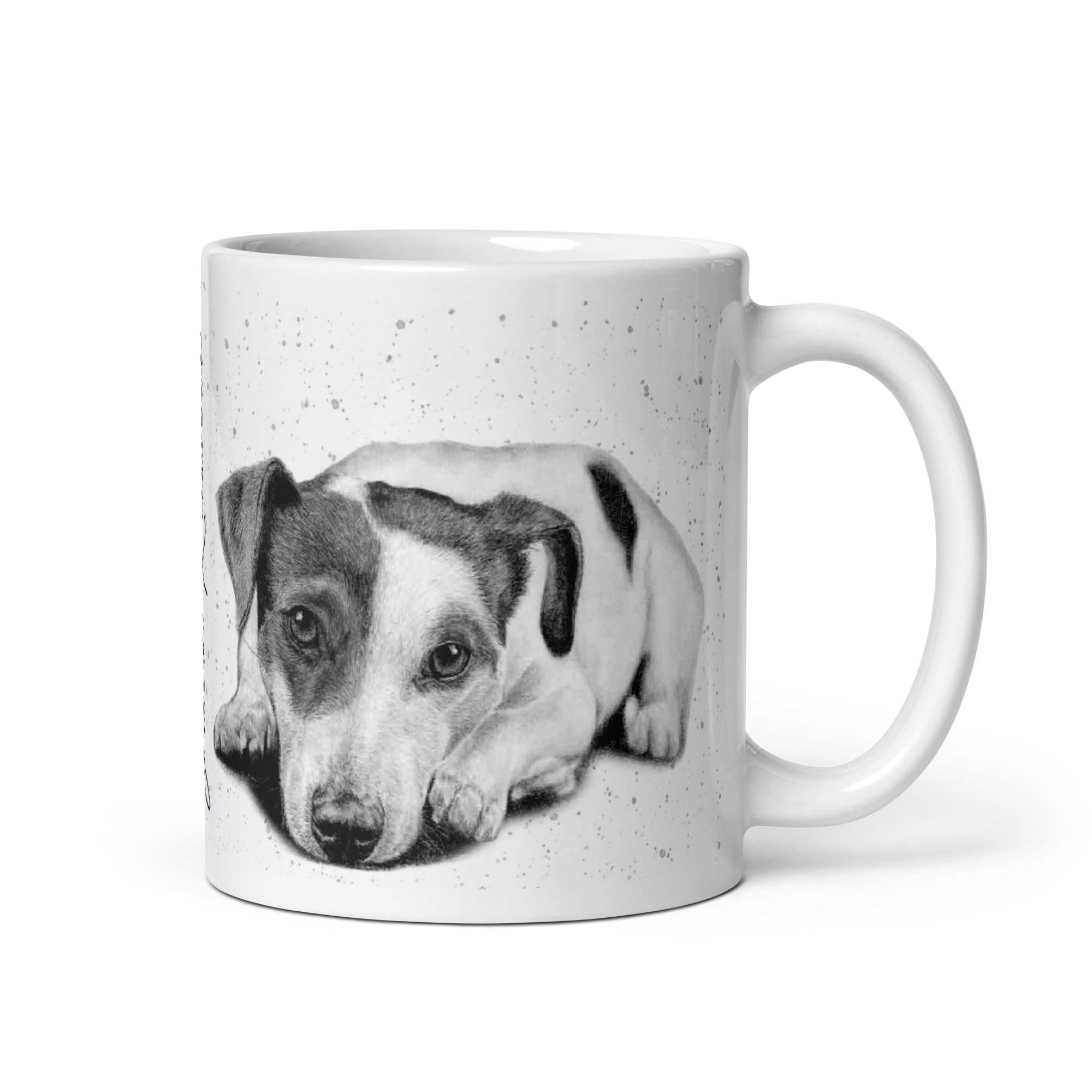 Jack Russell ceramic mug featuring original artwork by Matt Lloyd with a subtle grey fleck background and signature typography.