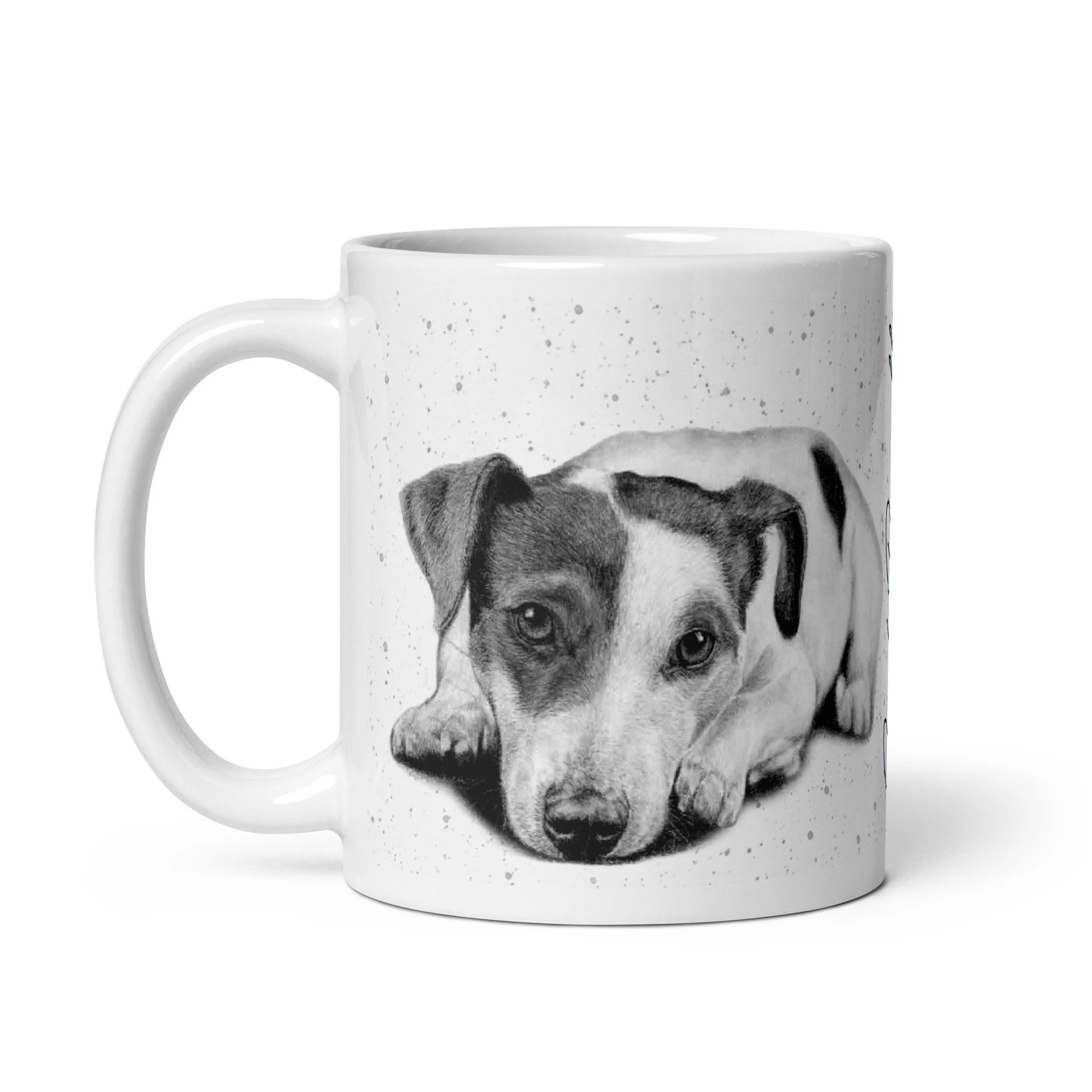 11oz Jack Russell coffee mug displaying detailed dog artwork against a modern grey fleck design.