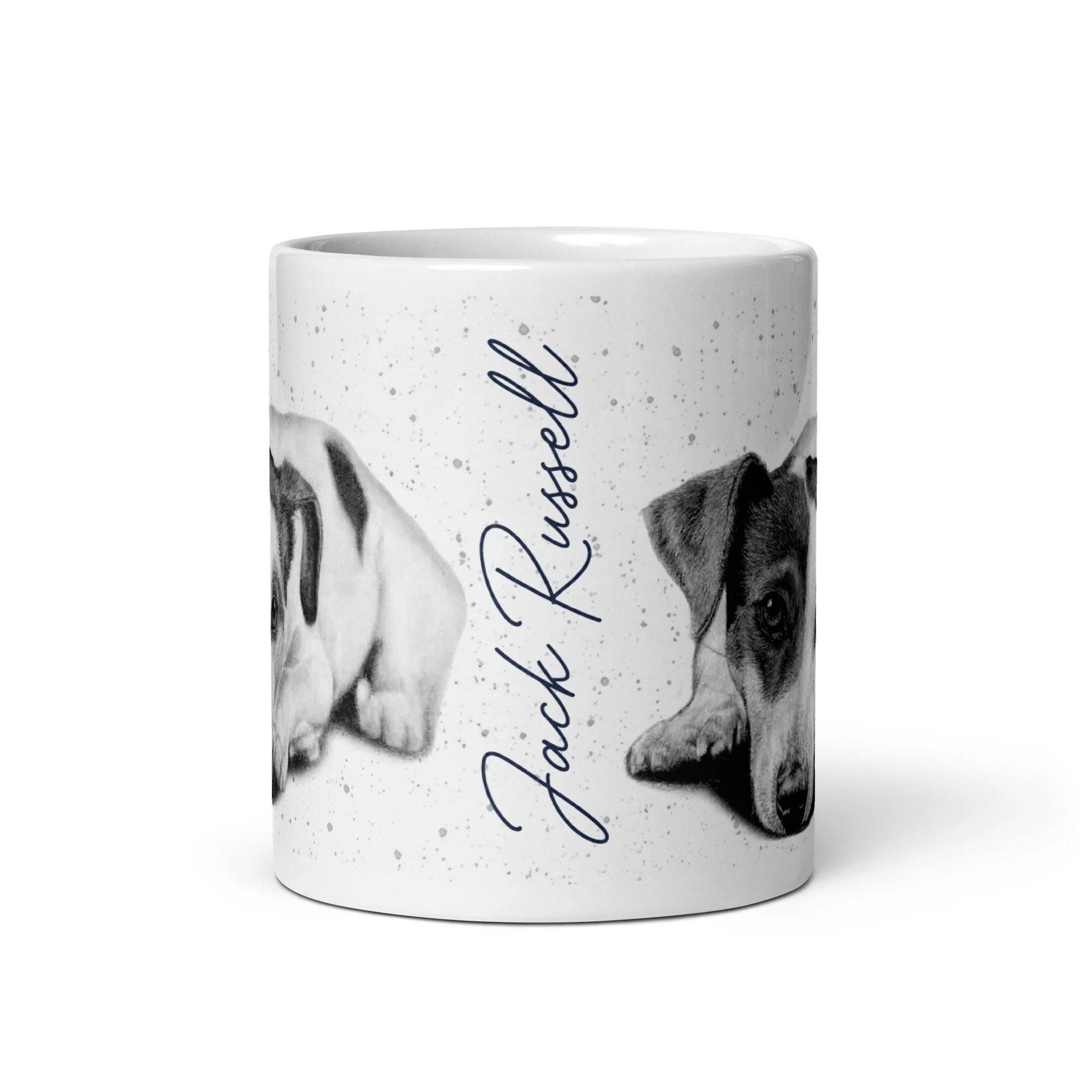 Glossy ceramic Jack Russell mug with detailed terrier illustration, grey fleck background, and signature font lettering.