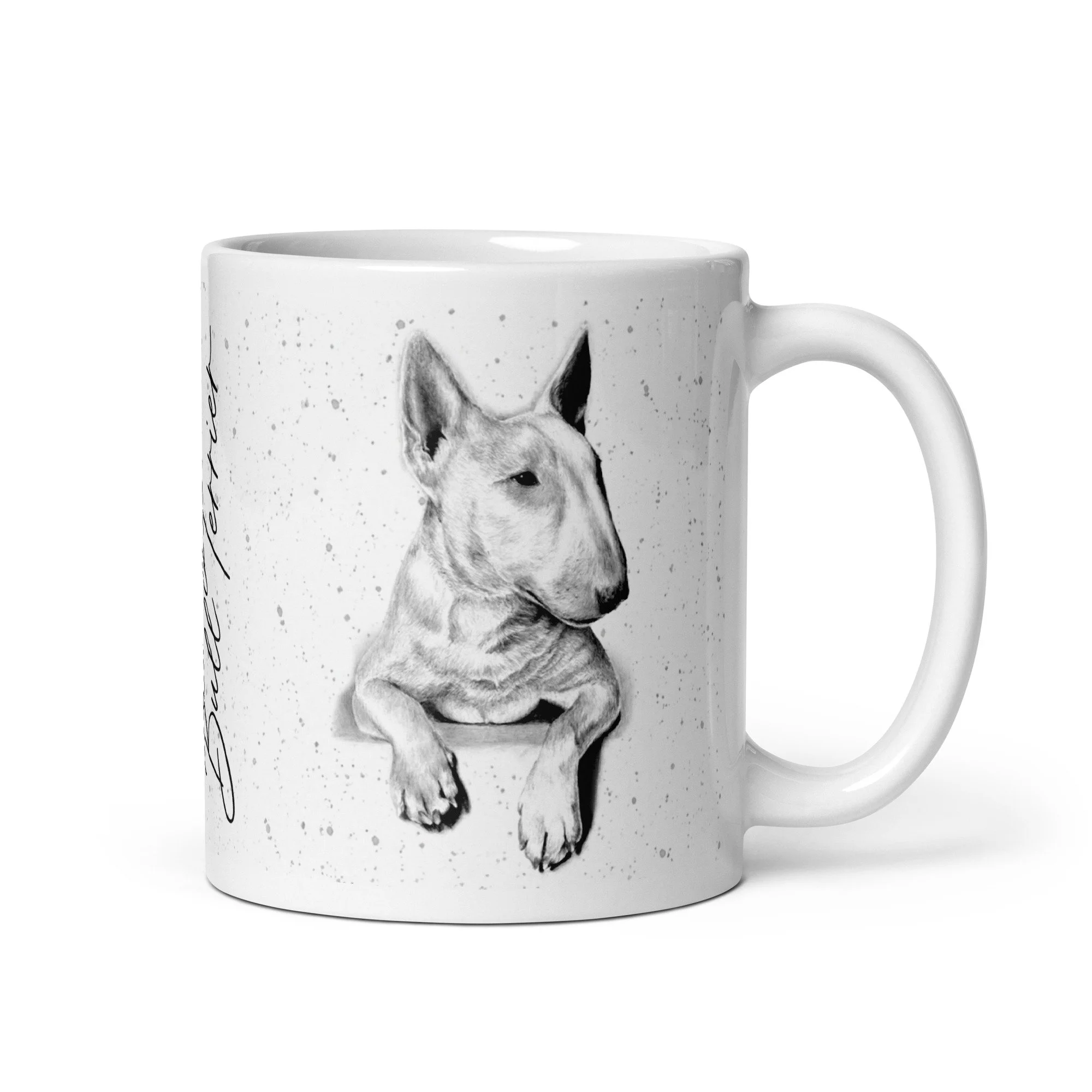 English Bull Terrier ceramic mug featuring original artwork by Matt Lloyd on a grey fleck background.