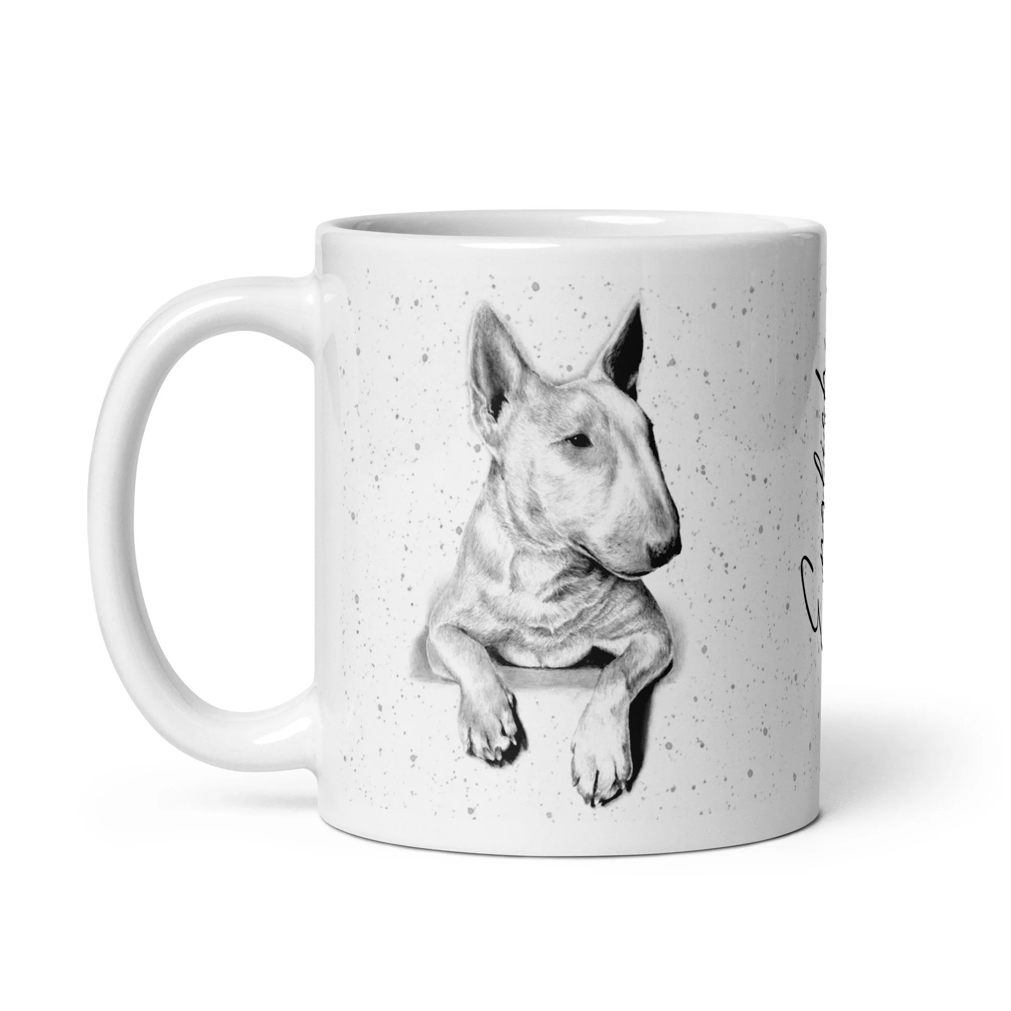 Ceramic coffee mug displaying an English Bull Terrier portrait with grey speckled background design.