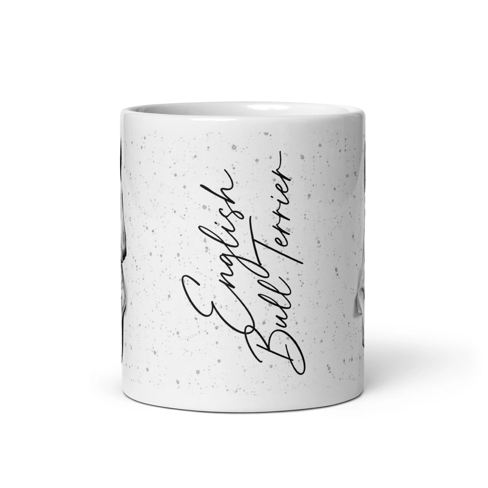 11oz English Bull Terrier mug with signature typography and detailed dog illustration.