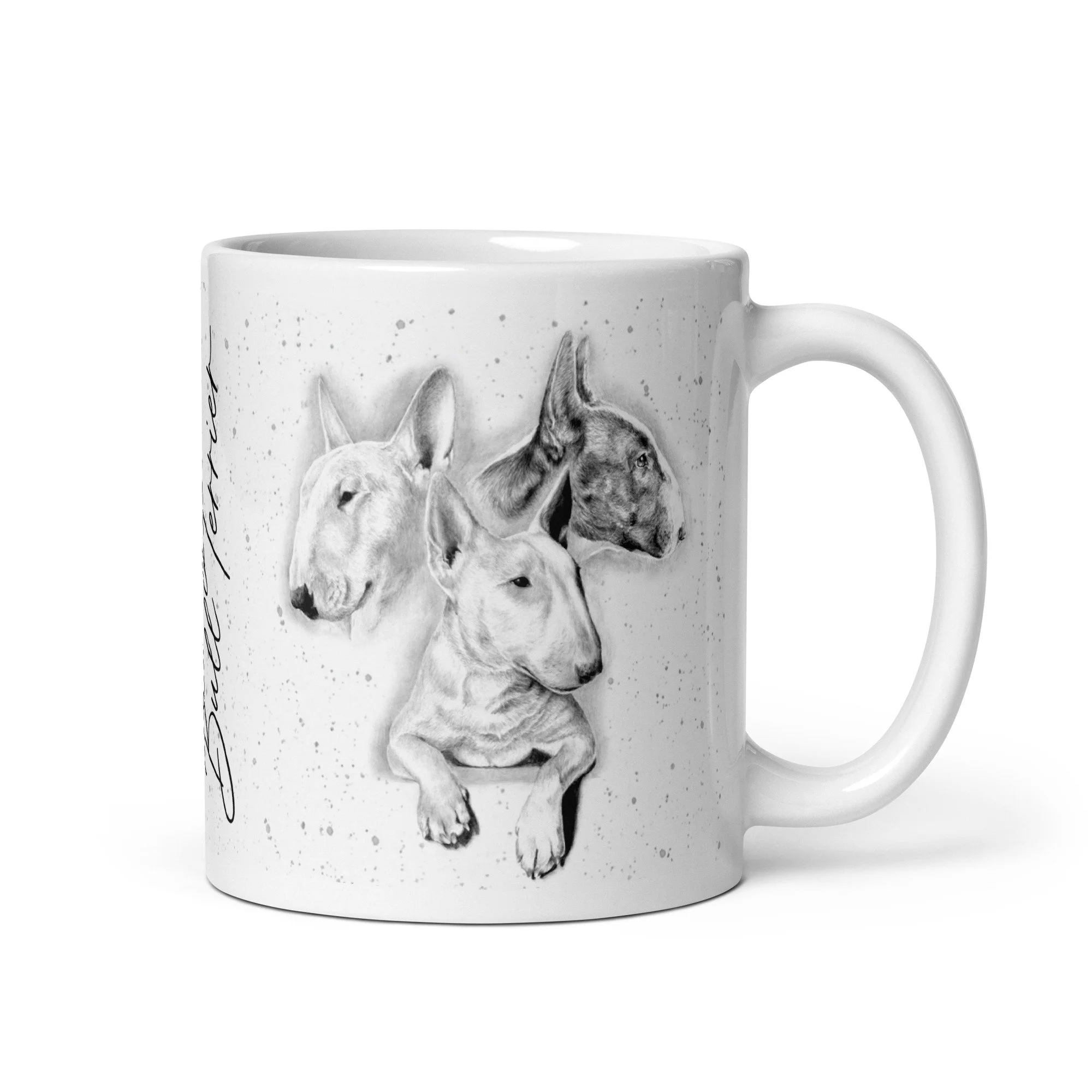 English Bull Terrier ceramic mug featuring original artwork by Matt Lloyd on a grey fleck background.