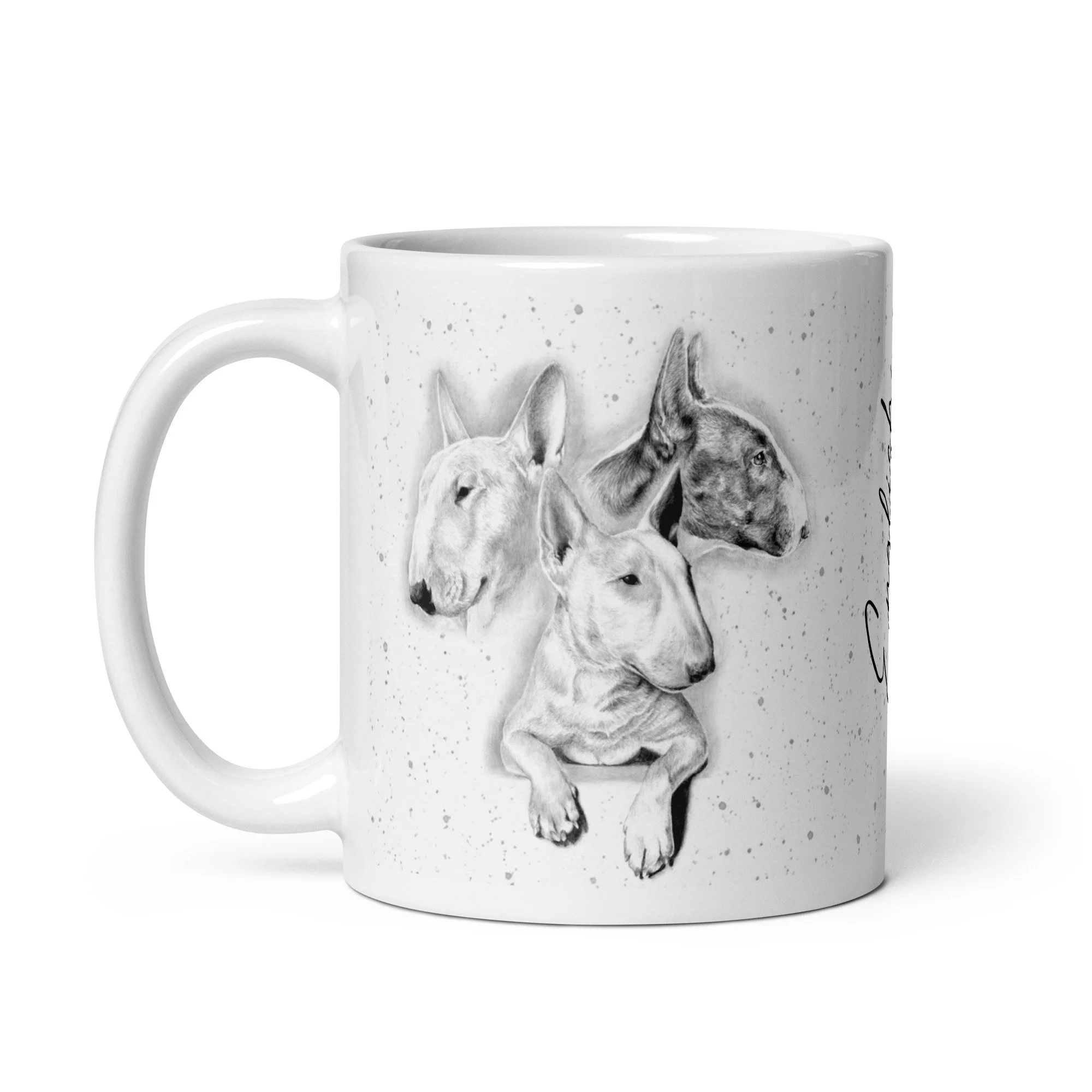 Ceramic coffee mug displaying an English Bull Terrier portrait with grey speckled background design.