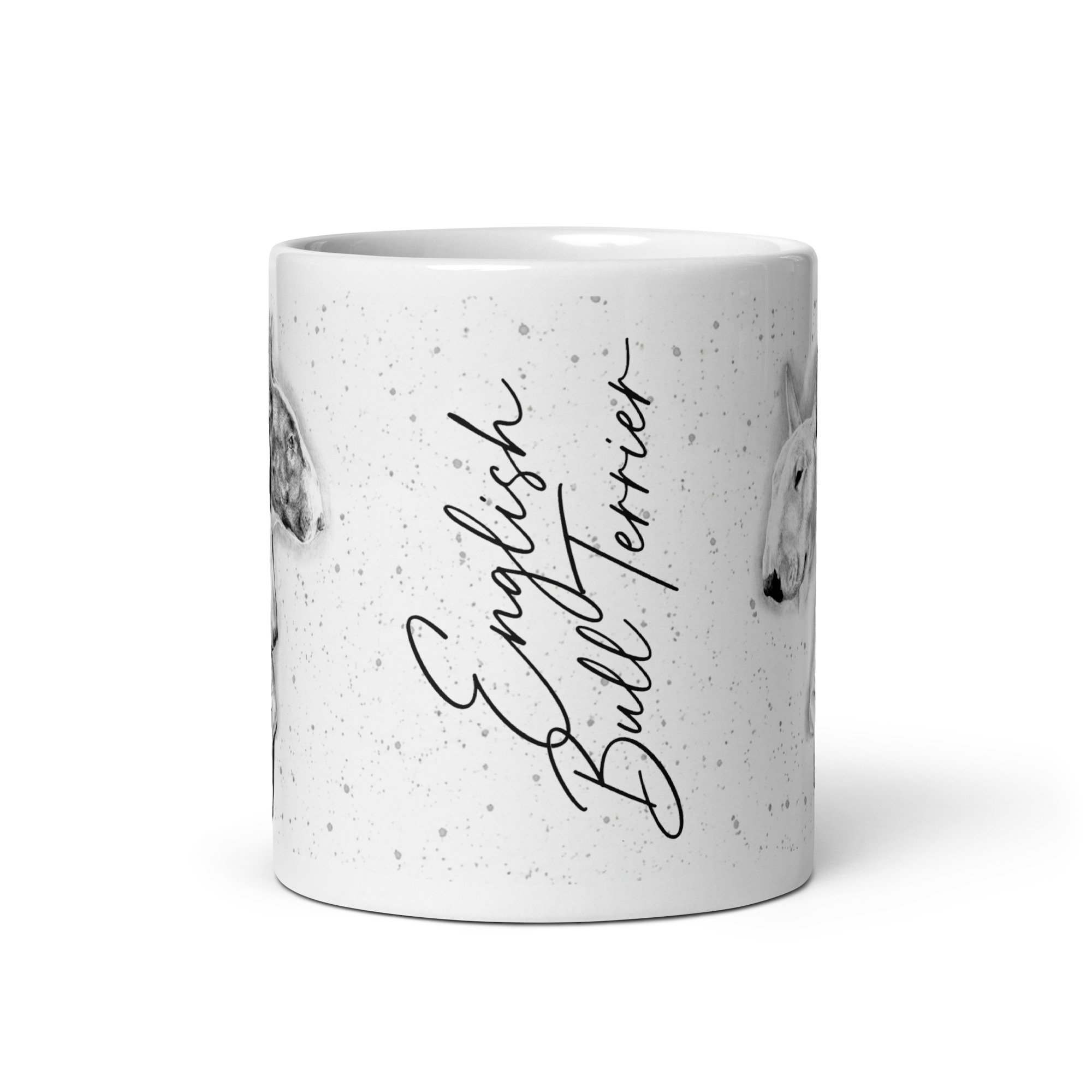11oz English Bull Terrier mug with signature typography and detailed dog illustration.