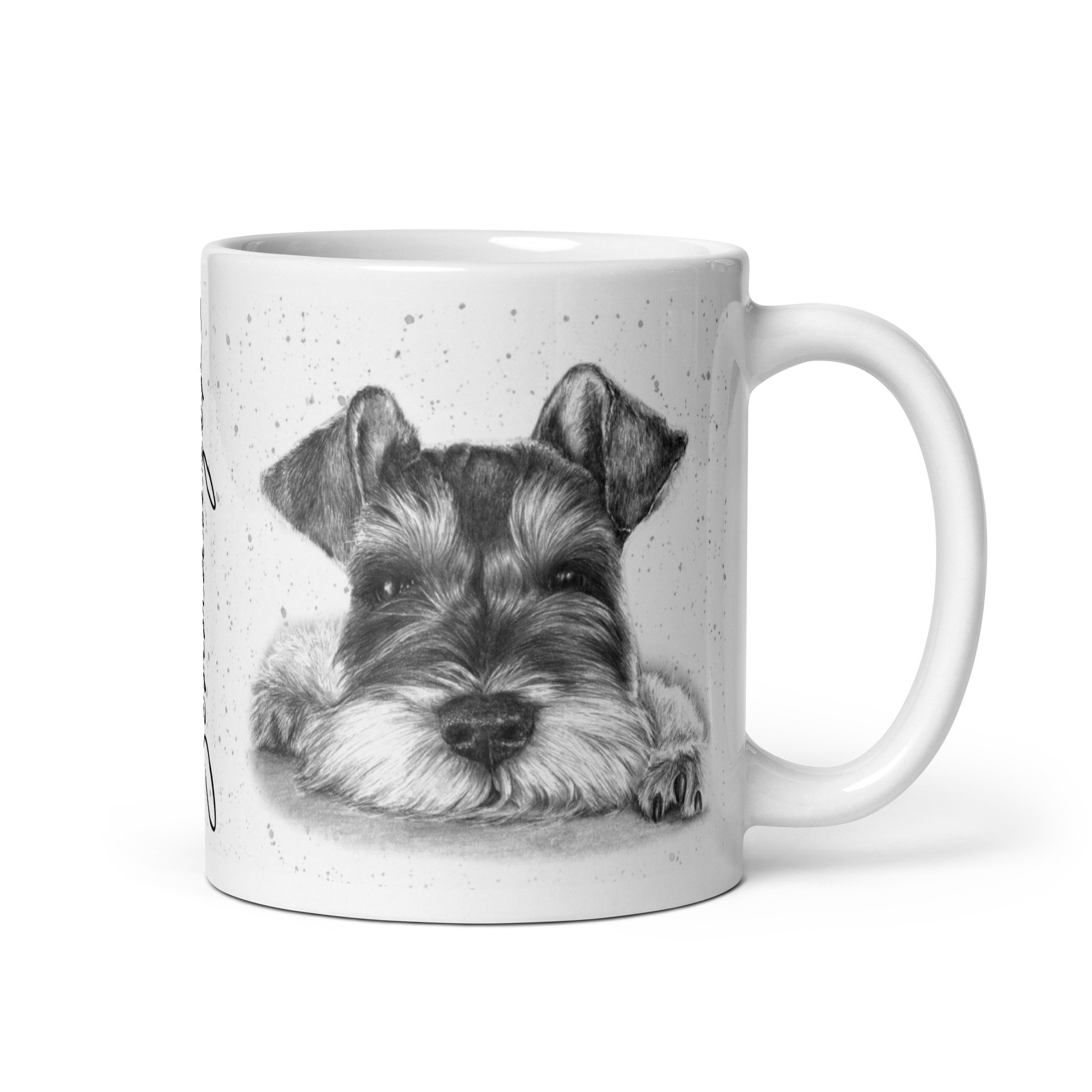 Schnauzer ceramic mug featuring original artwork by Matt Lloyd on a grey fleck background.