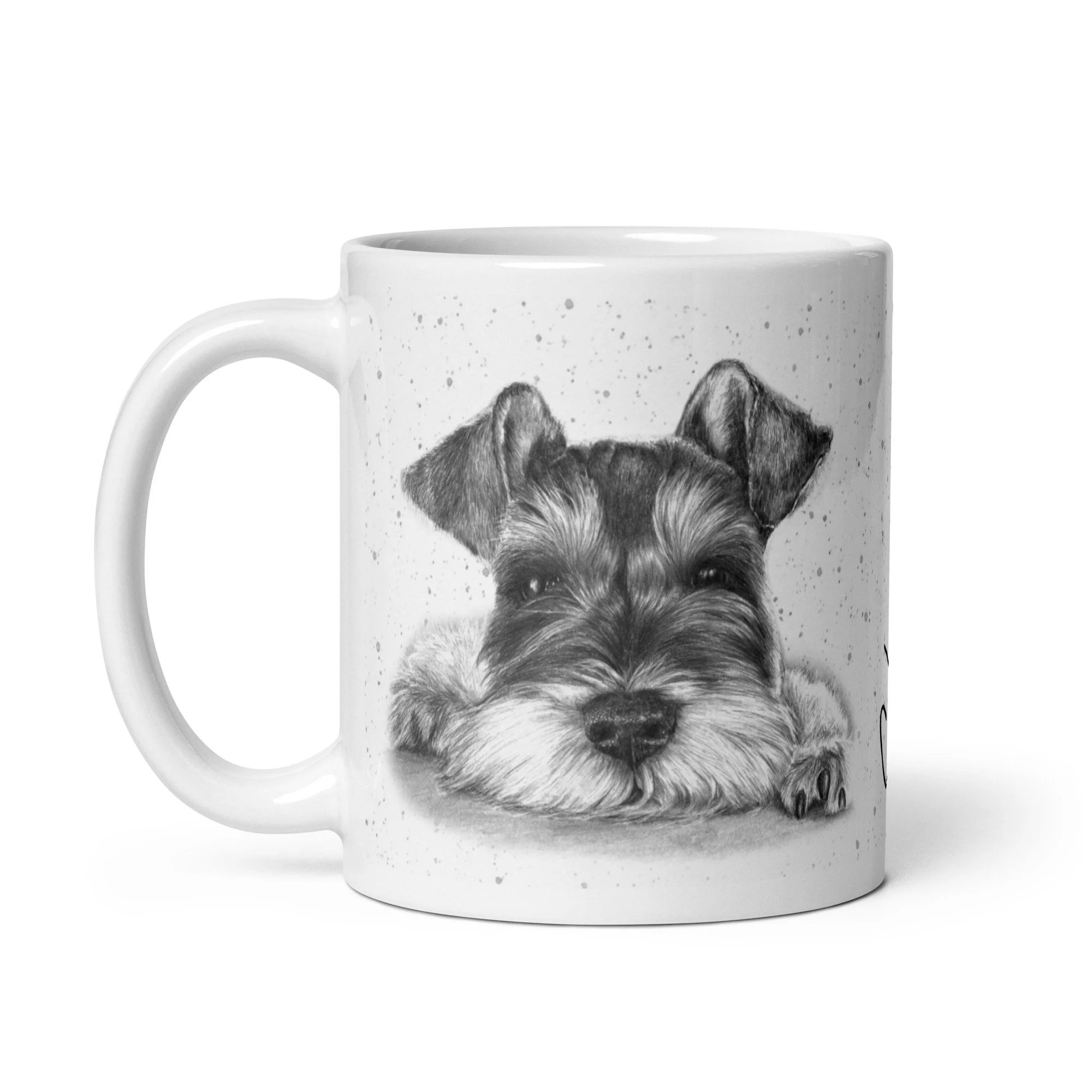 Ceramic mug displaying a Schnauzer portrait with grey speckled background and signature font.