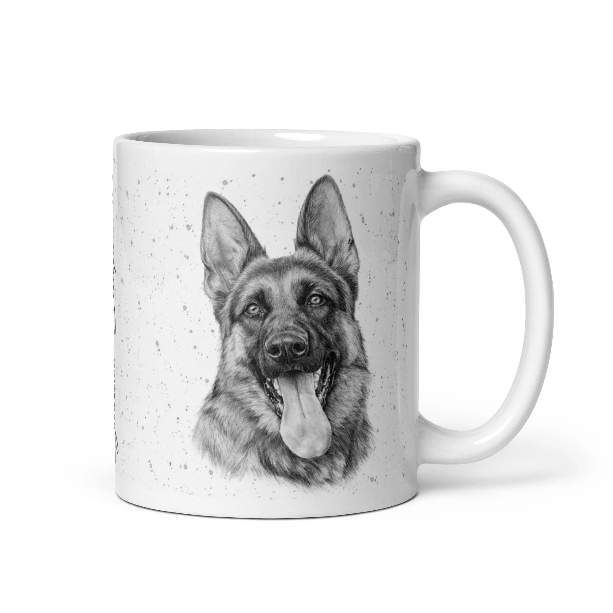 German Shepherd ceramic mug featuring original artwork by Matt Lloyd on a grey fleck background.