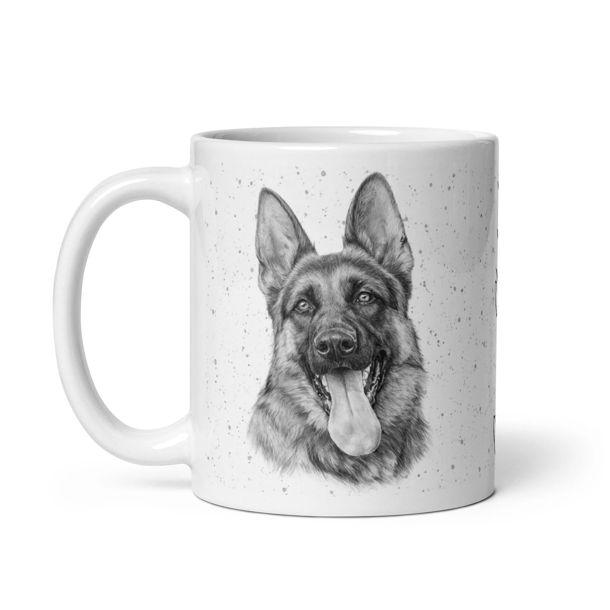 Ceramic mug displaying a German Shepherd portrait with grey speckled background and signature font.
