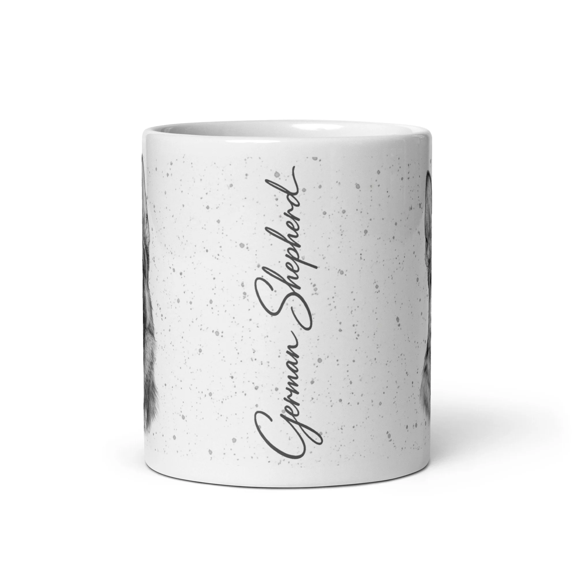 11oz German Shepherd coffee mug with signature typography and detailed dog illustration.