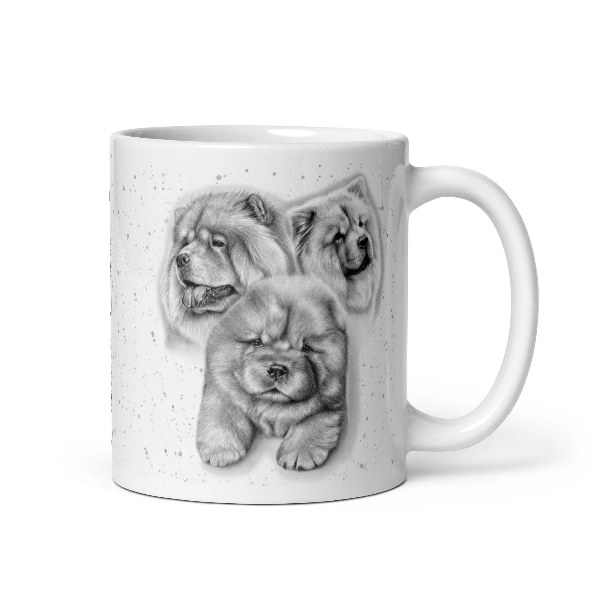 Chow Chow ceramic mug featuring original artwork by Matt Lloyd on a grey fleck background.