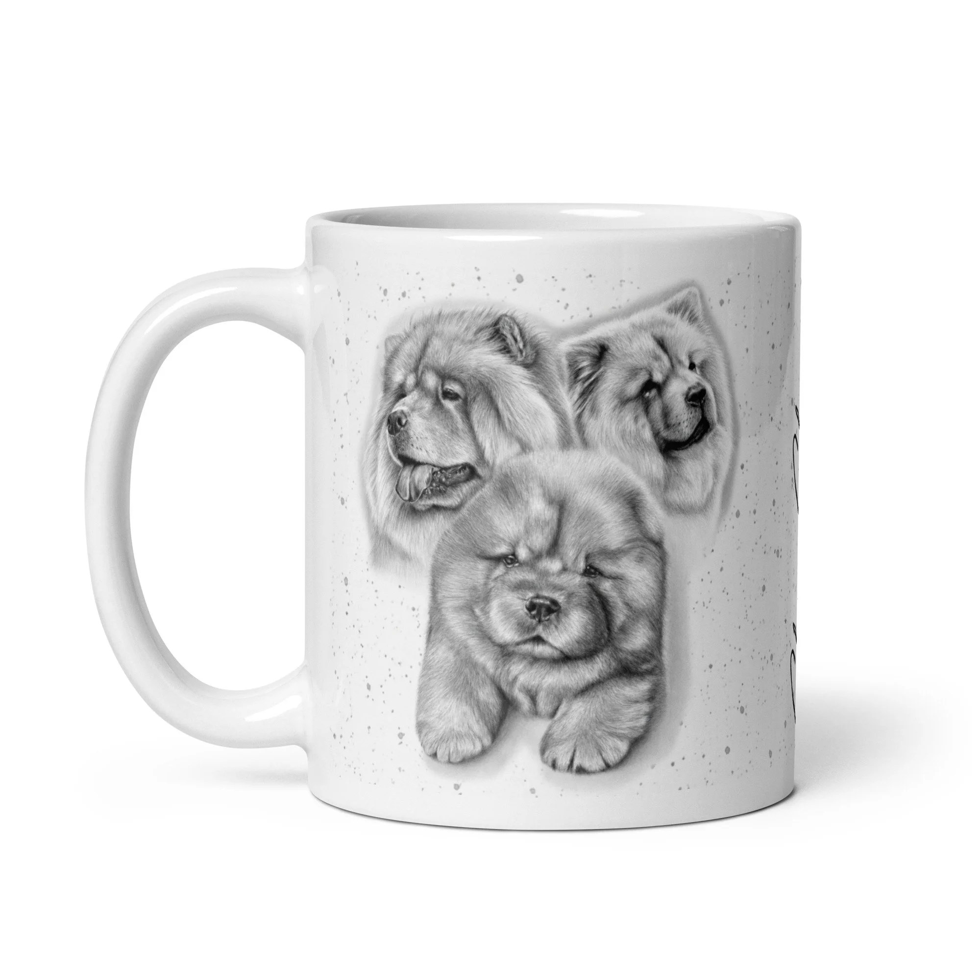 11oz Chow Chow coffee mug with signature typography and detailed dog illustration.