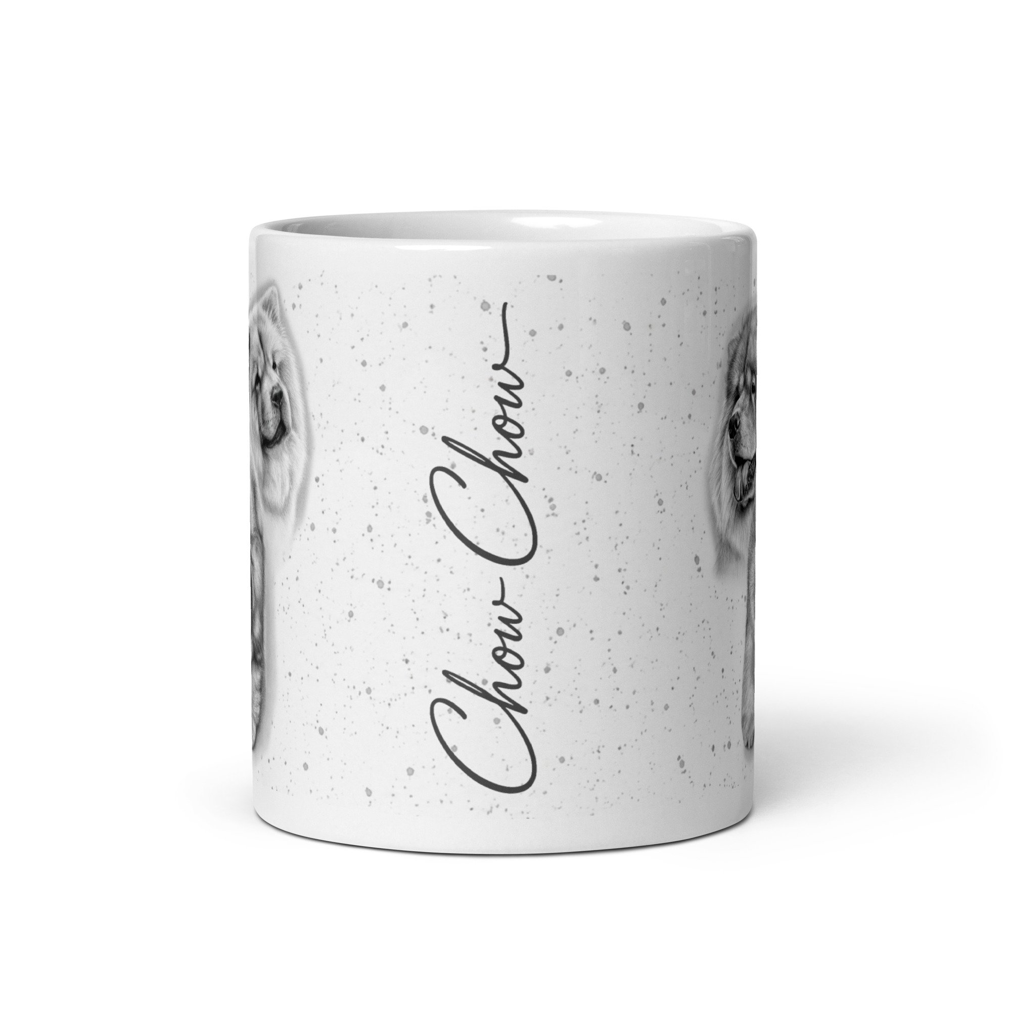 Ceramic mug displaying a Chow Chow portrait with grey speckled background and signature font.
