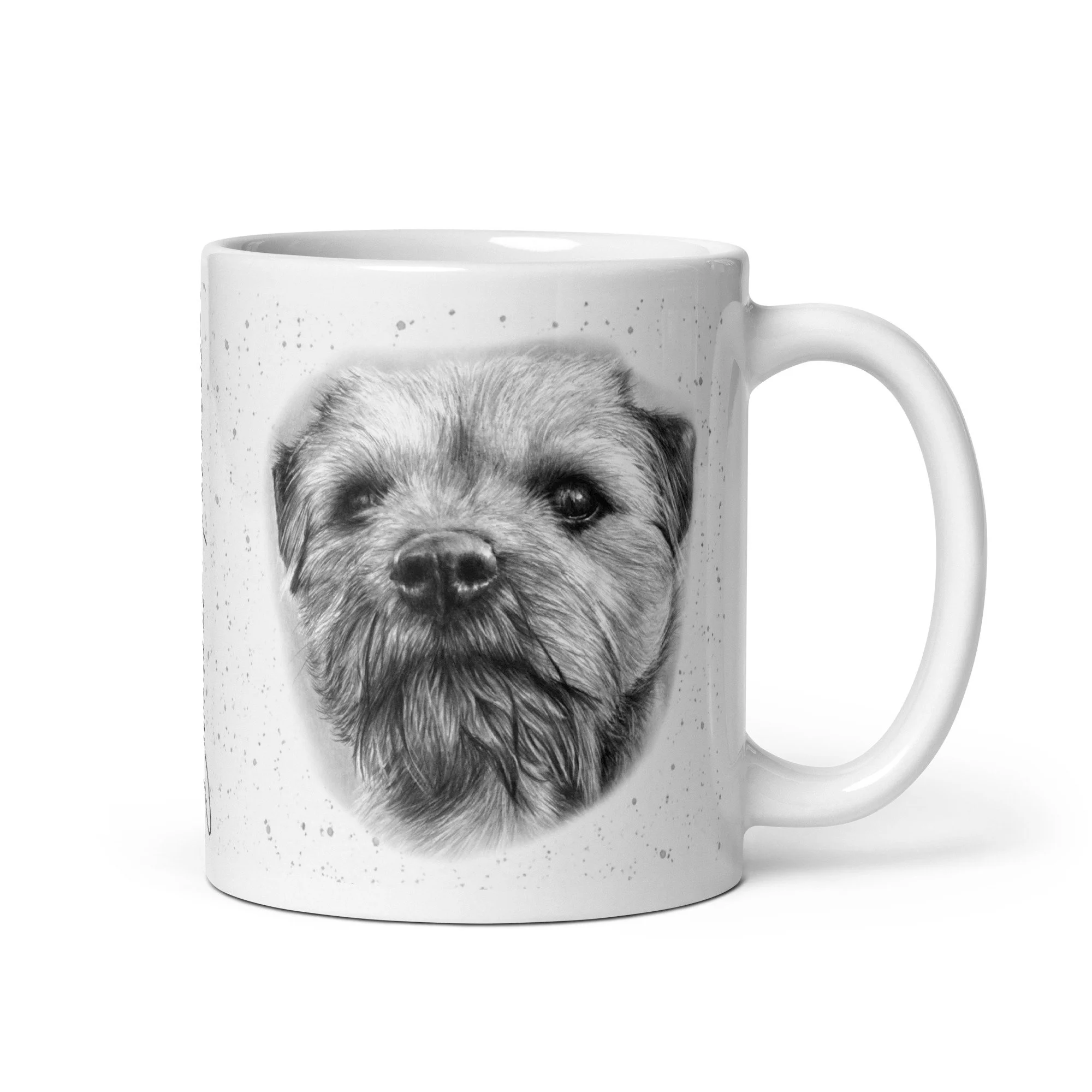 Border Terrier ceramic mug featuring original artwork by Matt Lloyd on a grey fleck background.