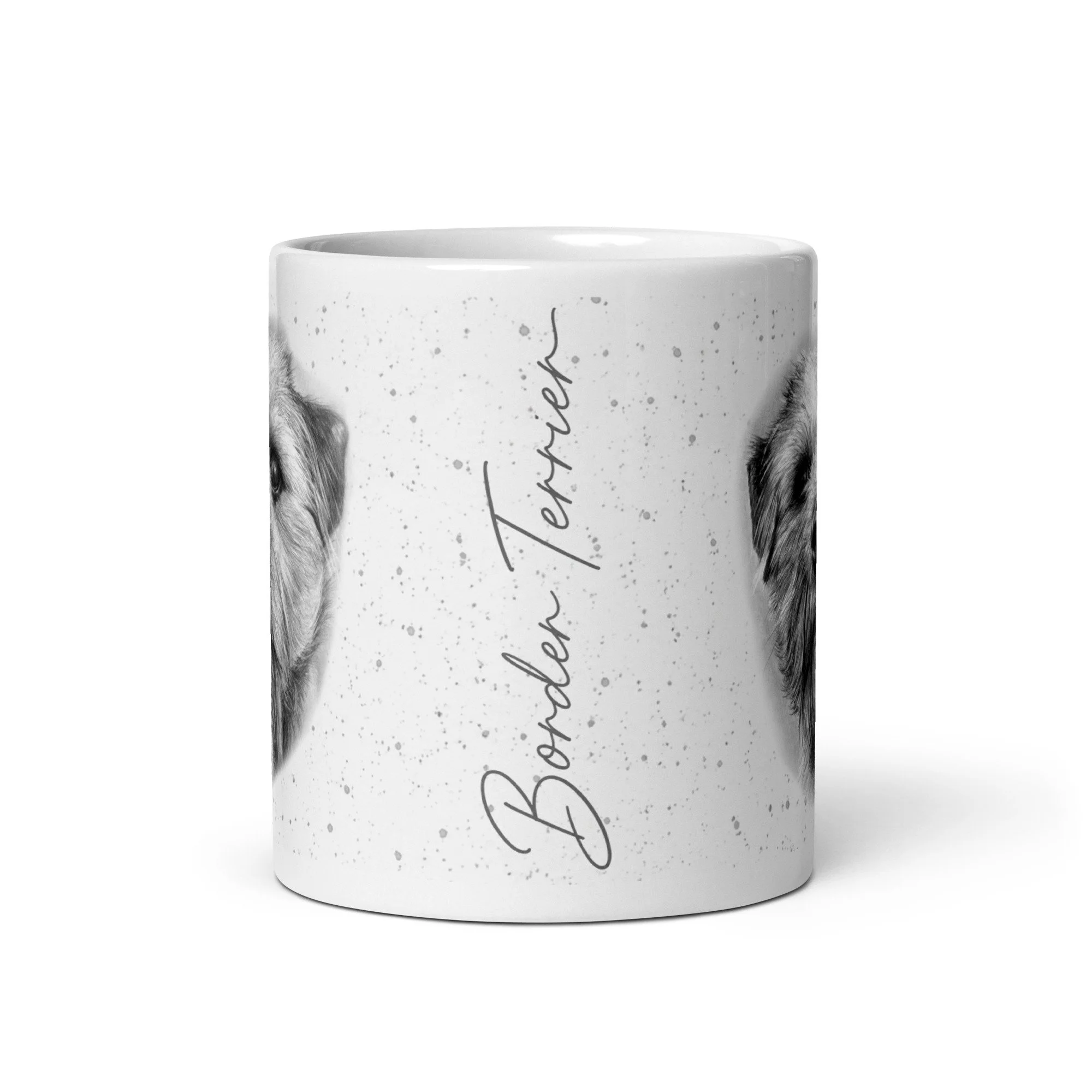 11oz Border Terrier coffee mug with signature typography and detailed dog illustration.