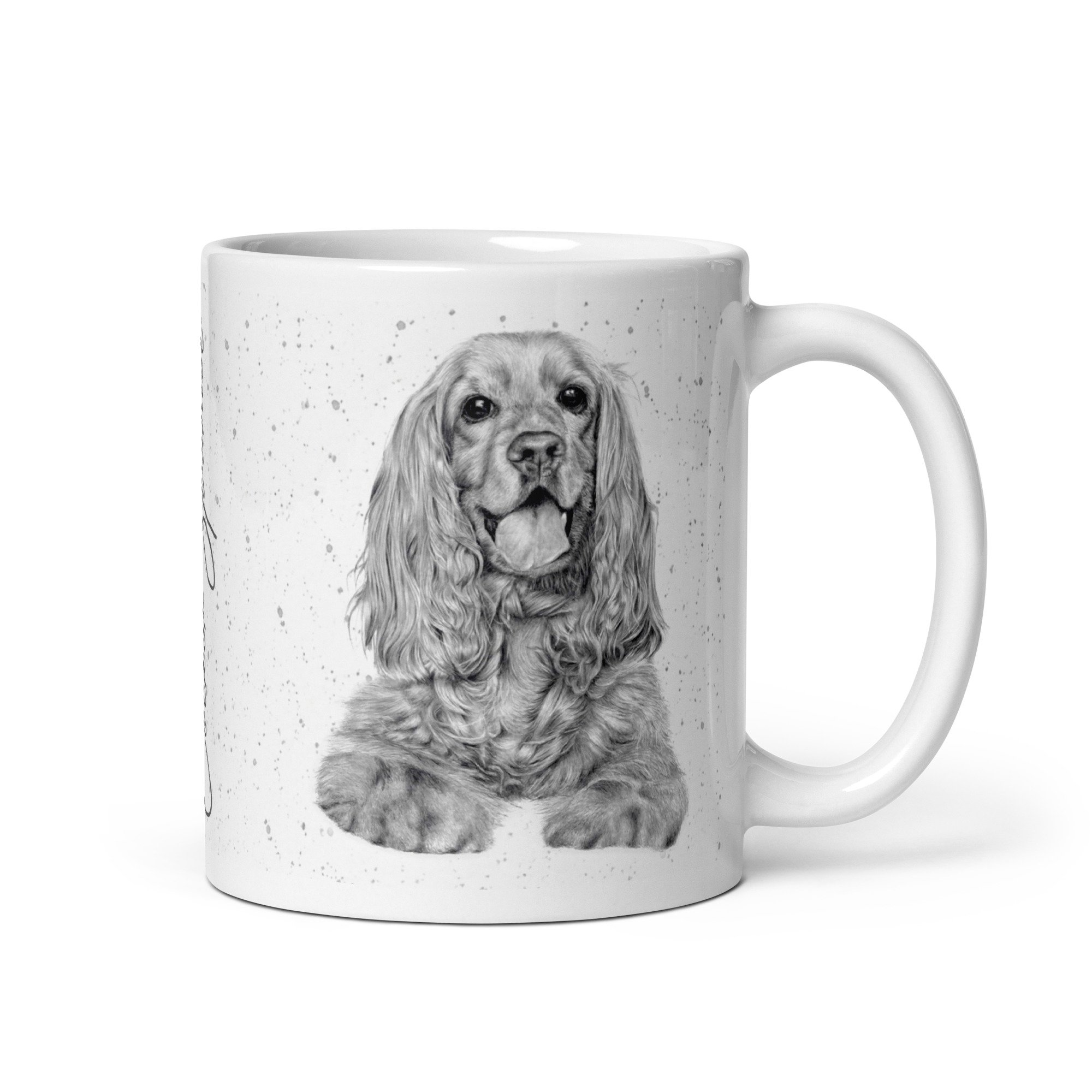 Cocker Spaniel ceramic mug featuring original artwork by Matt Lloyd on a grey fleck background.