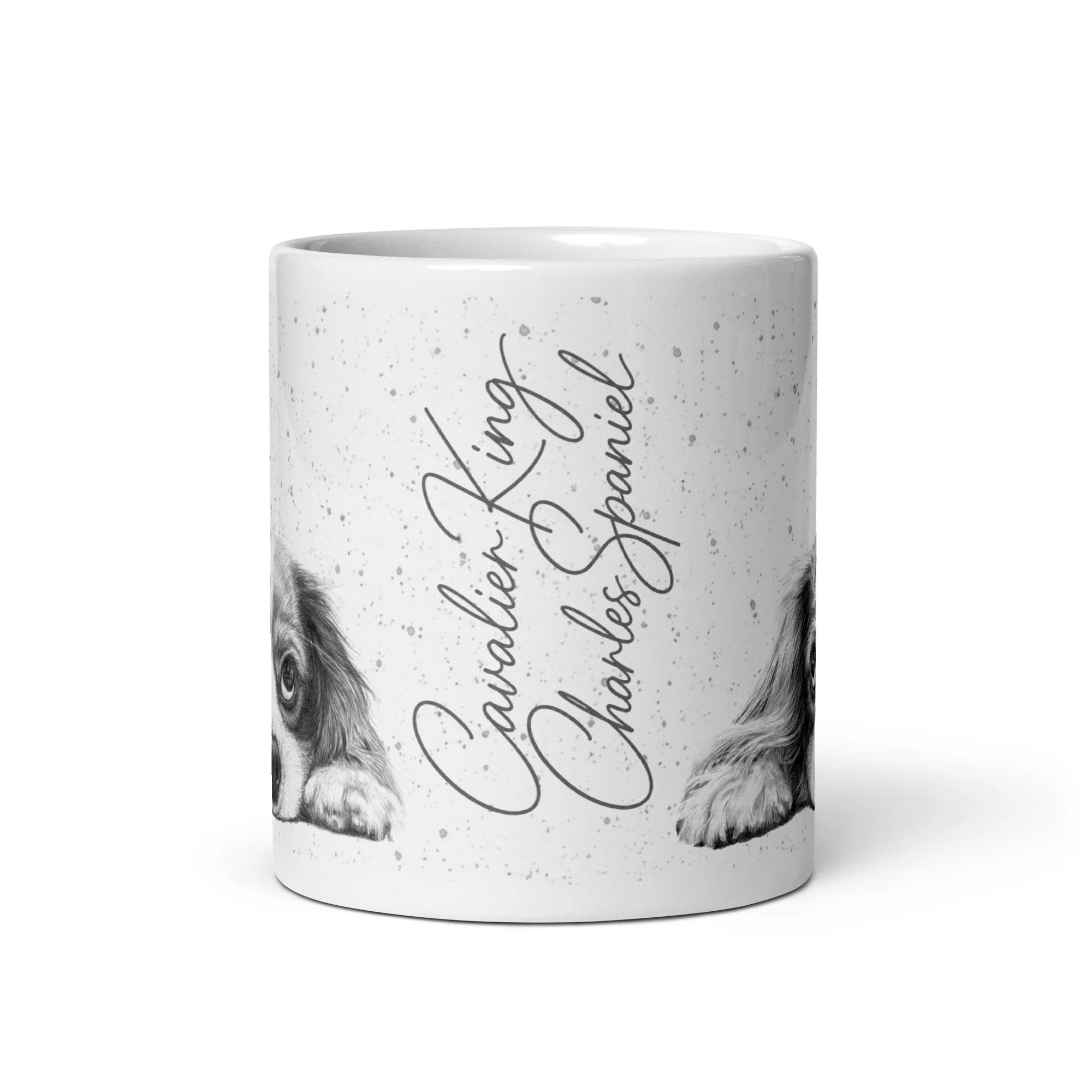 11oz Cavalier King Charles Spaniel coffee mug with signature typography and detailed dog illustration.