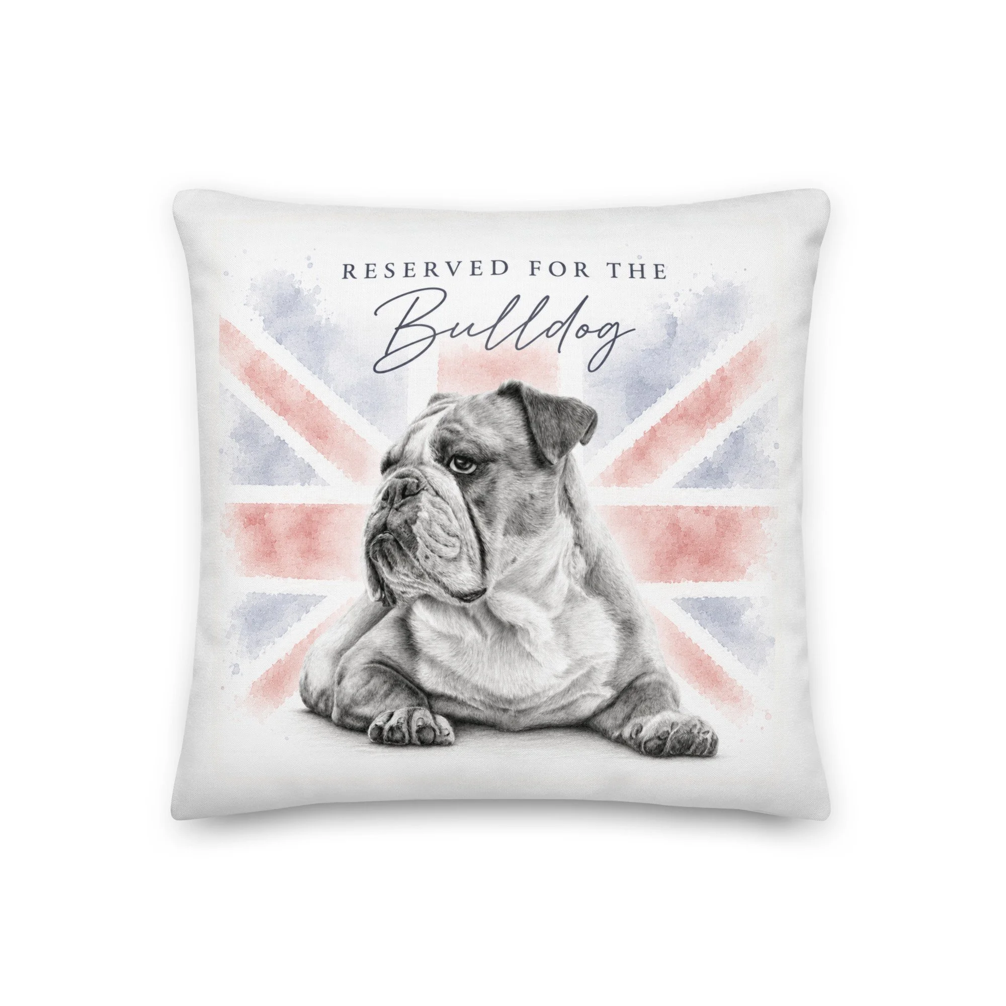 British Bulldog cushion cover featuring a pencil portrait with a Union Jack watercolour background.