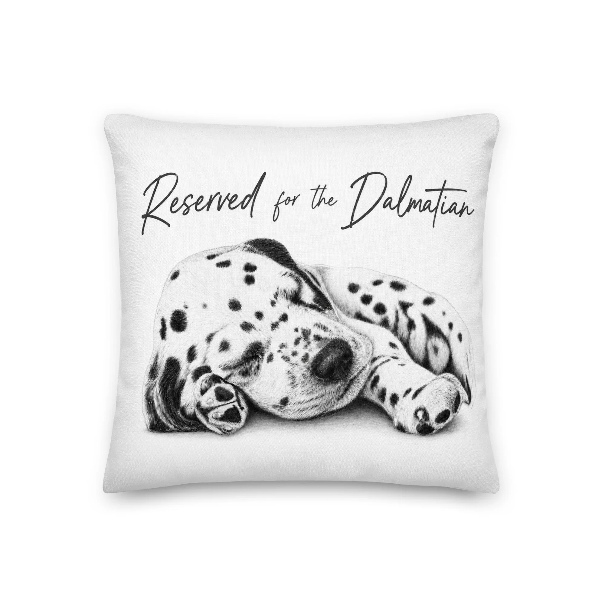 Dalmatian cushion cover featuring a sleeping puppy with Reserved for Dalmatian text.