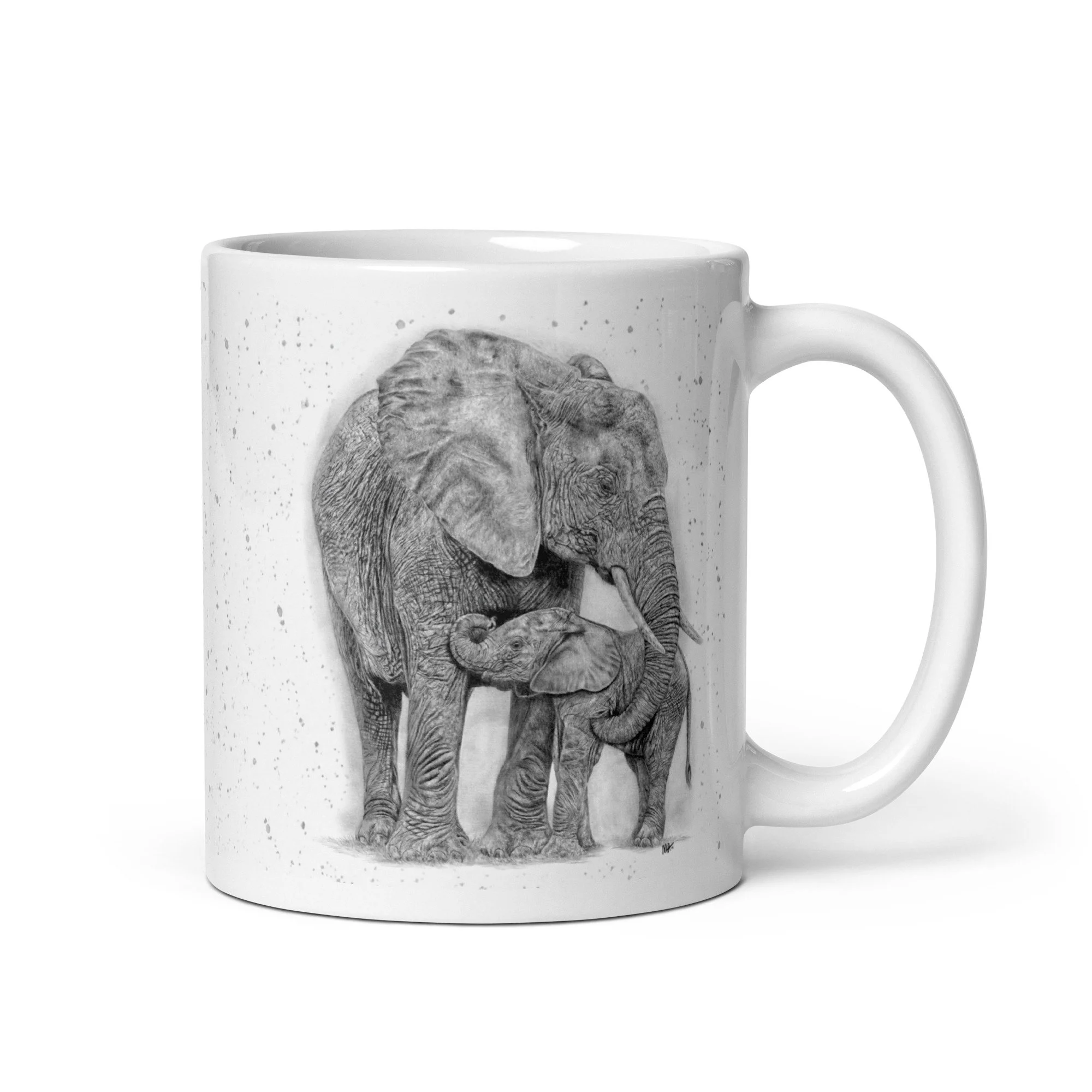 Ceramic mug featuring an elephant and calf illustration by Matt Lloyd with detailed wildlife artwork.