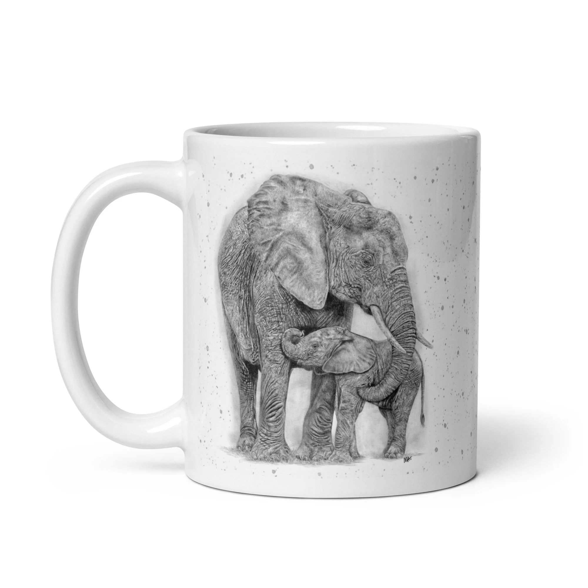 Elephant and calf coffee mug displaying original wildlife artwork on a glossy ceramic mug.