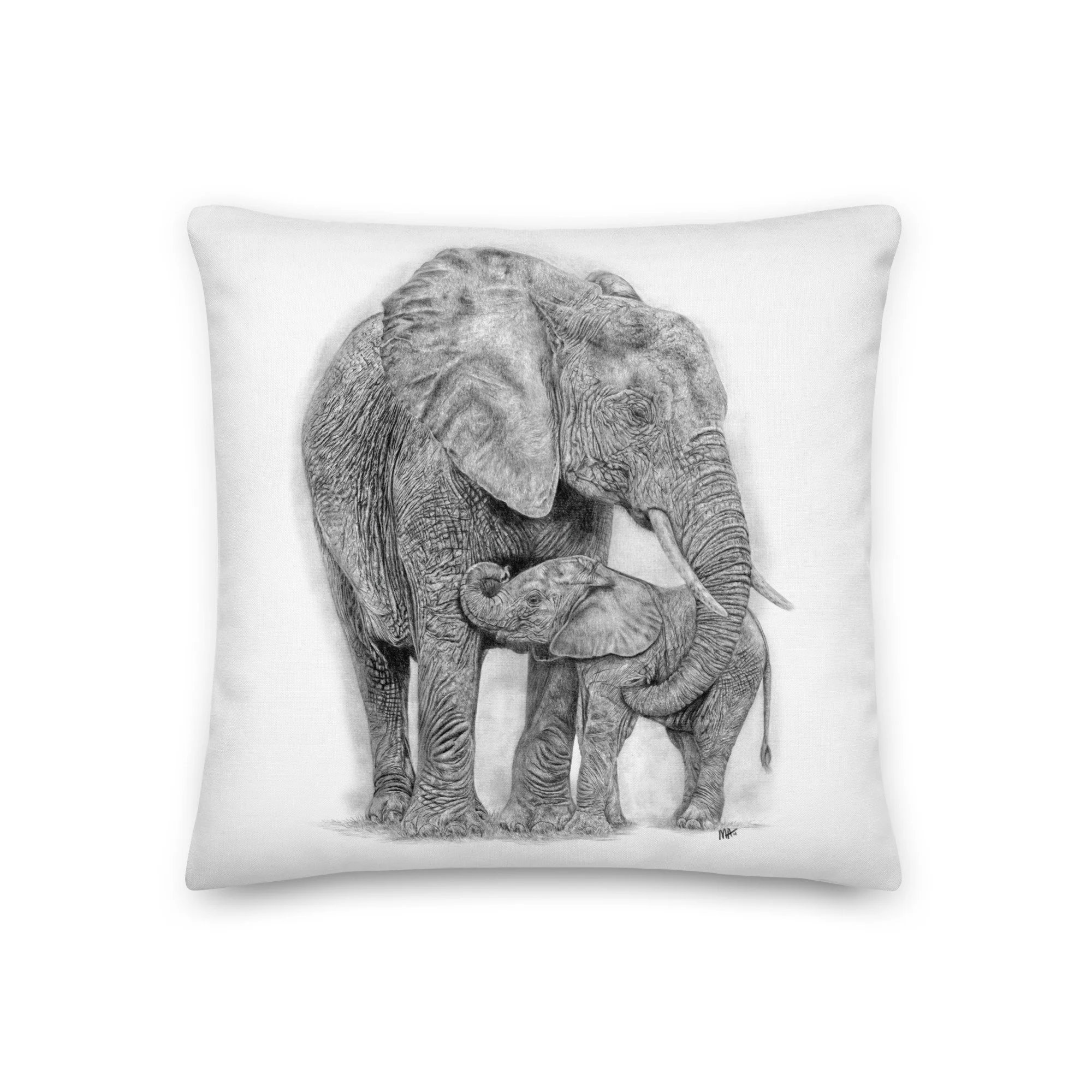 White elephant cushion with original elephant artwork and Love Protect Respect reverse design.