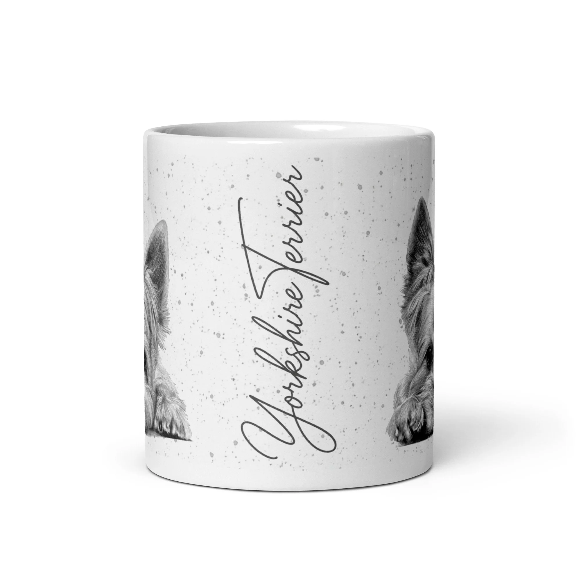 Ceramic Yorkshire Terrier mug with dog artwork on both sides and grey fleck background.
