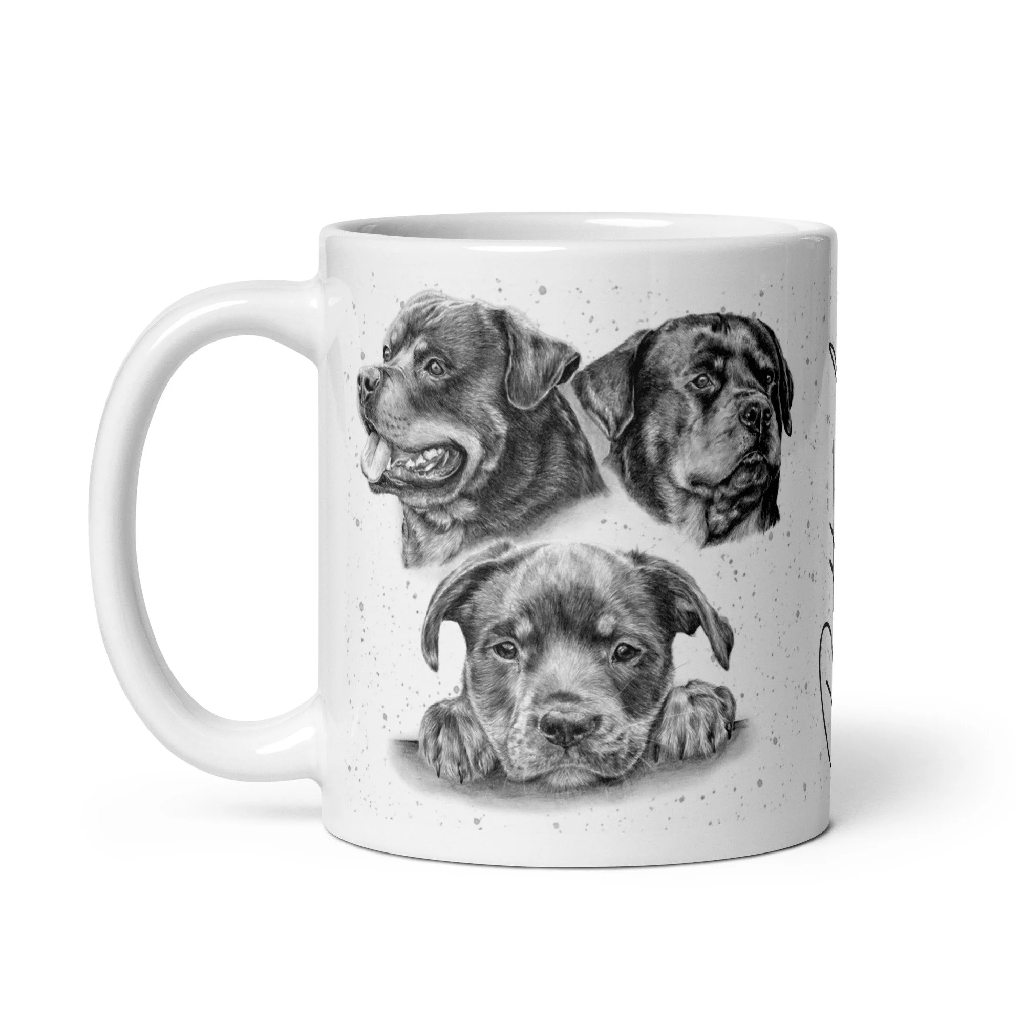 Rottweiler gift mug with original dog illustration and signature breed text.