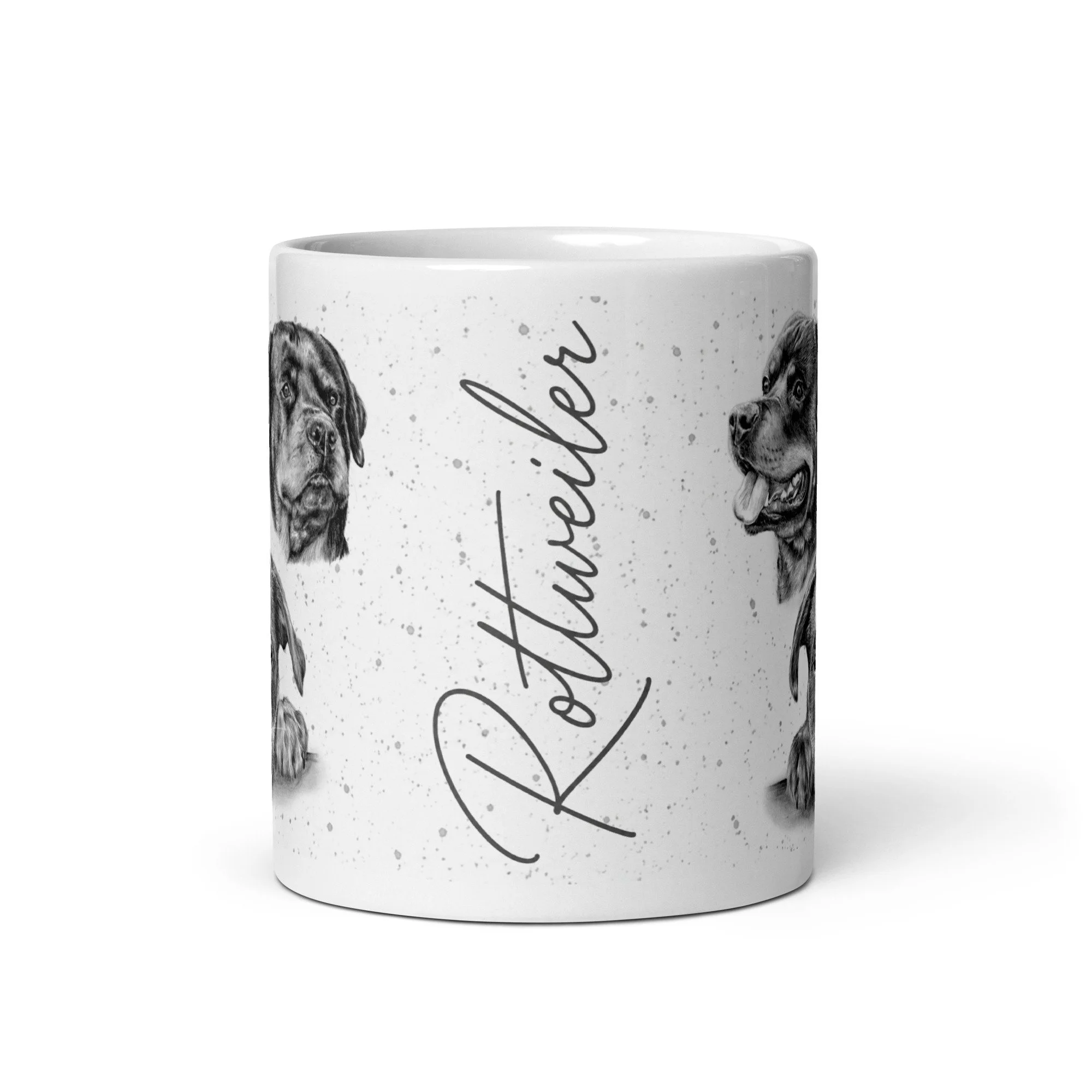 Ceramic Rottweiler mug with dog artwork on both sides and grey fleck background.