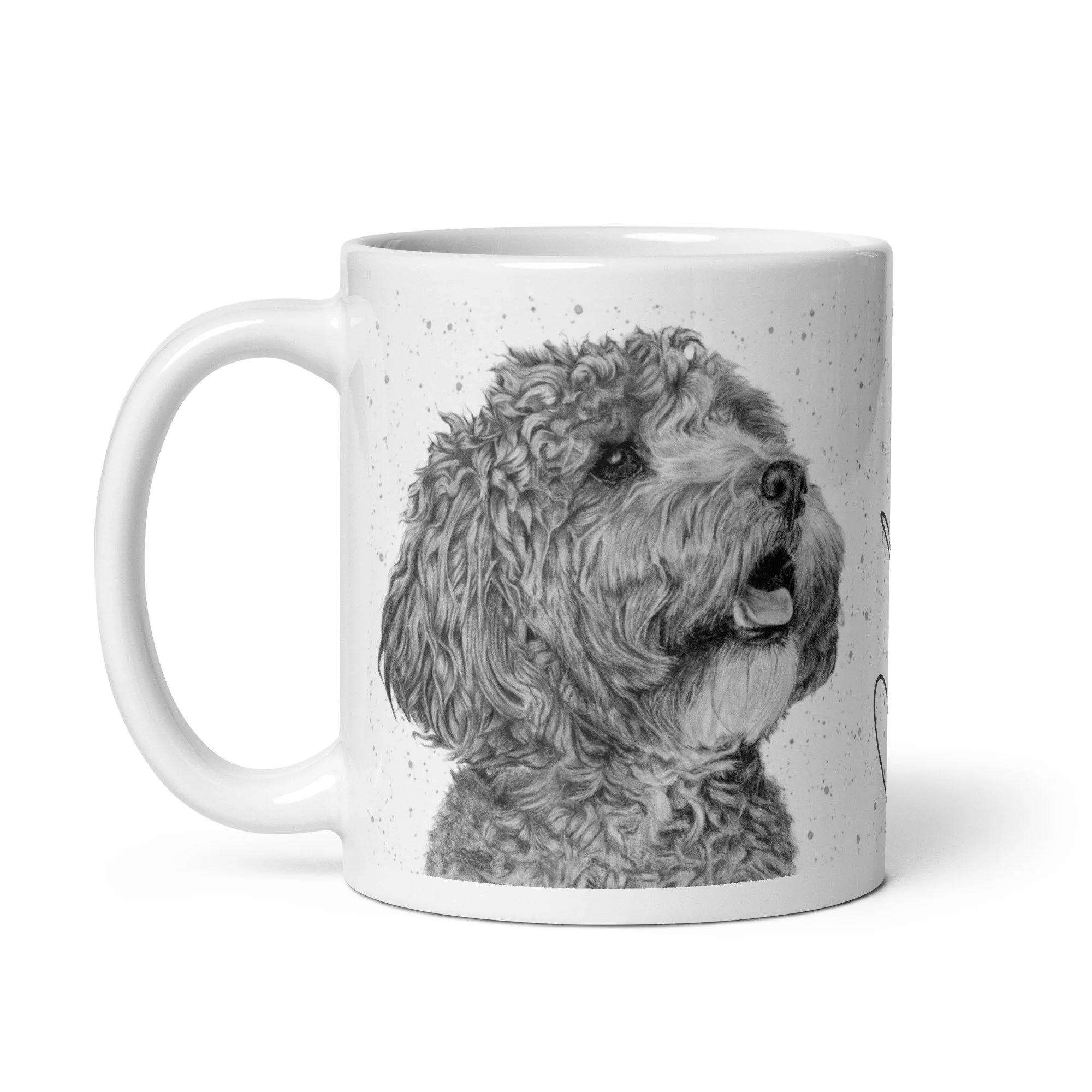 Cockapoo gift mug with original dog illustration and signature breed text.