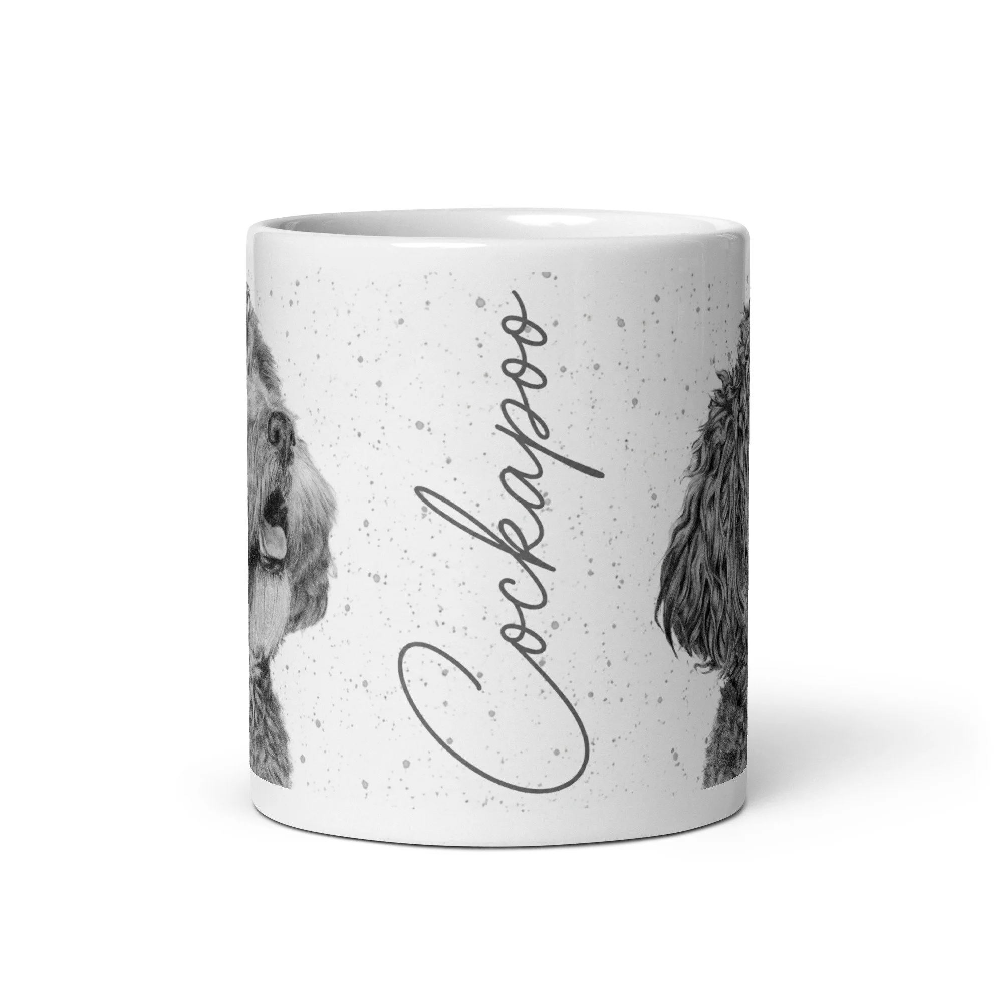 Ceramic Cockapoo mug with dog artwork on both sides and grey fleck background.