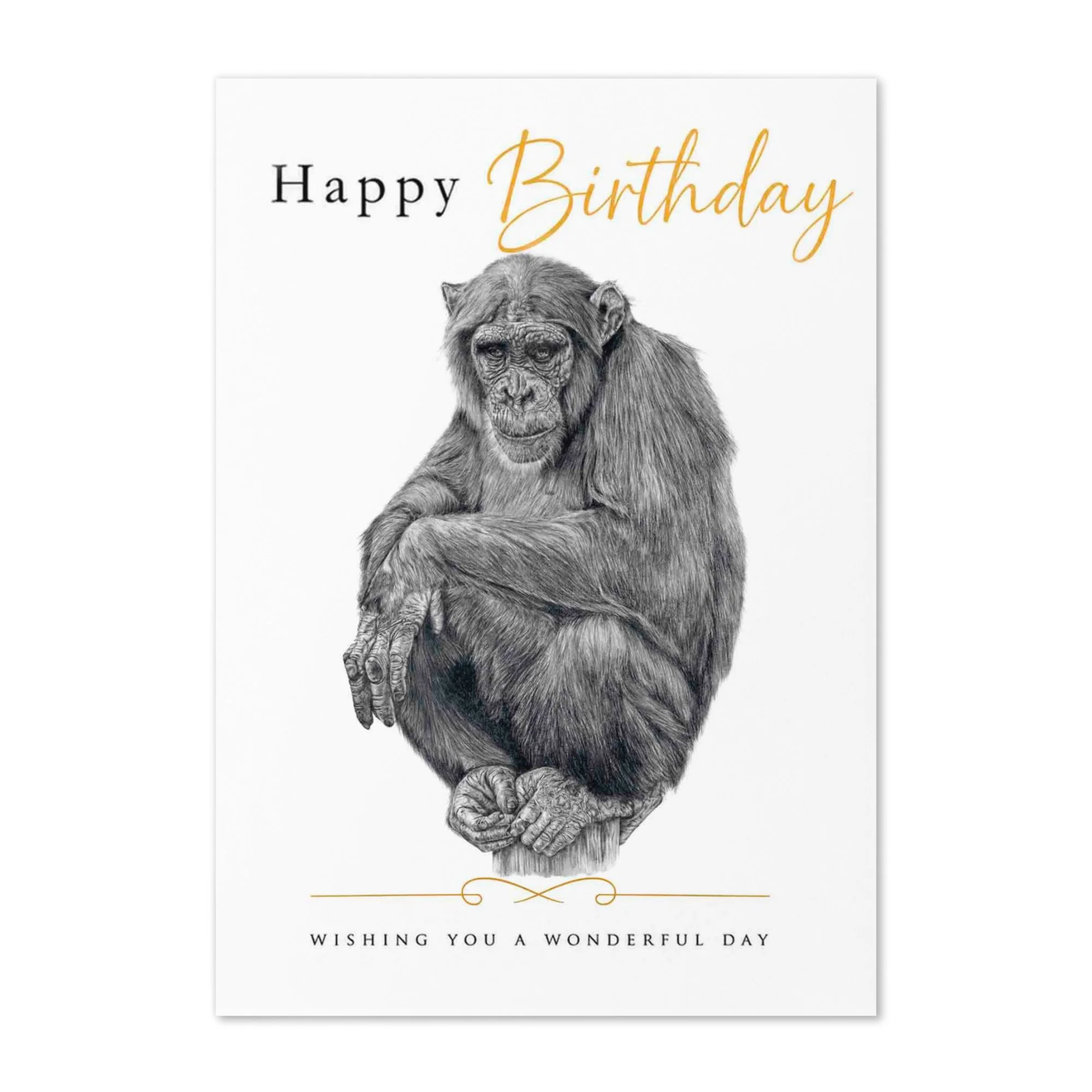 Chimpanzee from of birthday card with image drawn by Matthew Lloyd