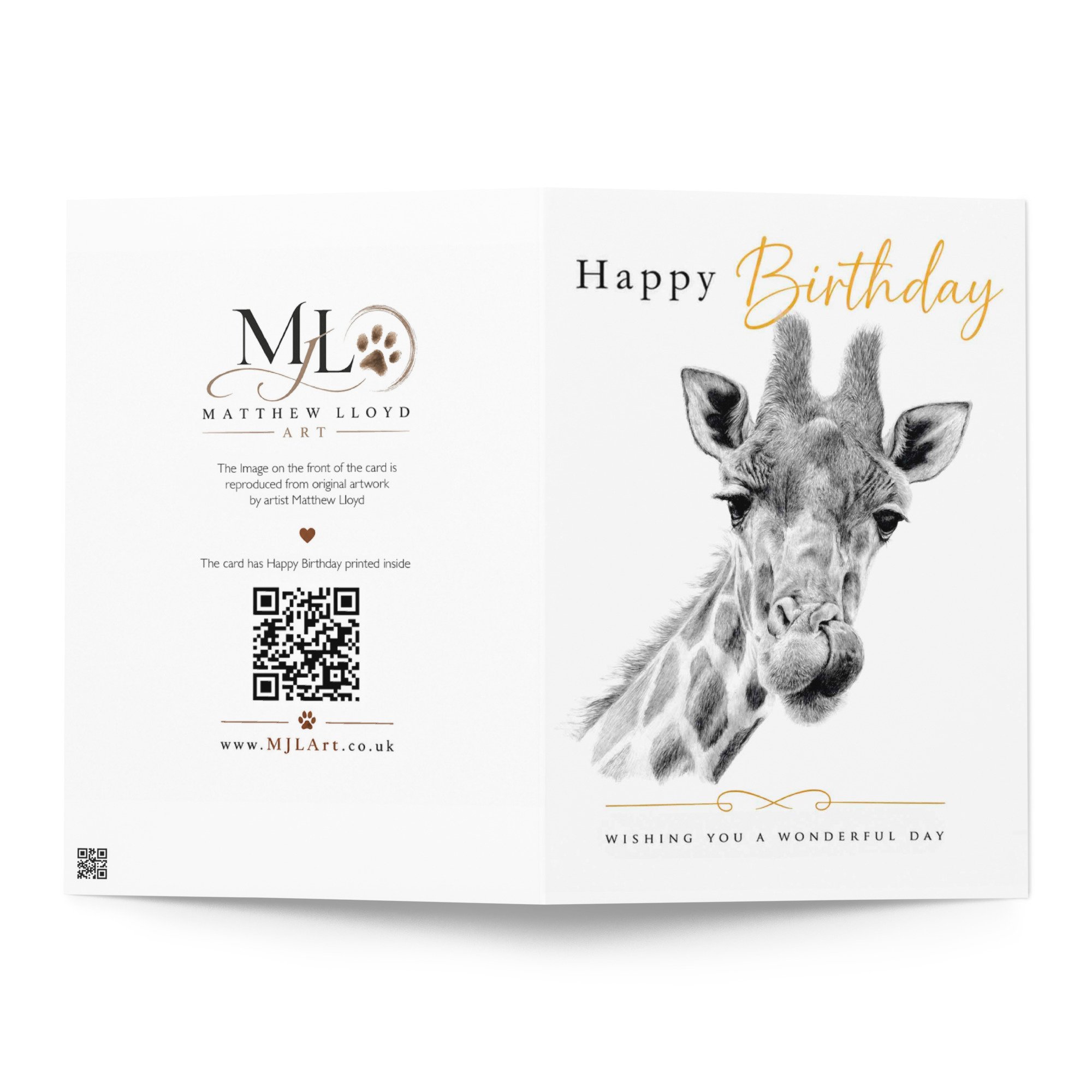 Front and back view of the giraffe birthday card displaying the original giraffe artwork on the front and the reverse design on the back.