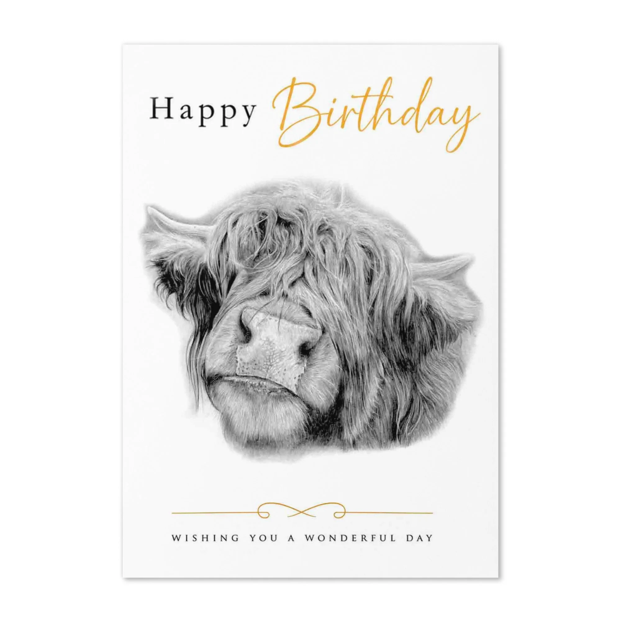Front of a Highland Cow birthday card featuring original Highland cow artwork by UK artist Matt Lloyd on a clean white background.