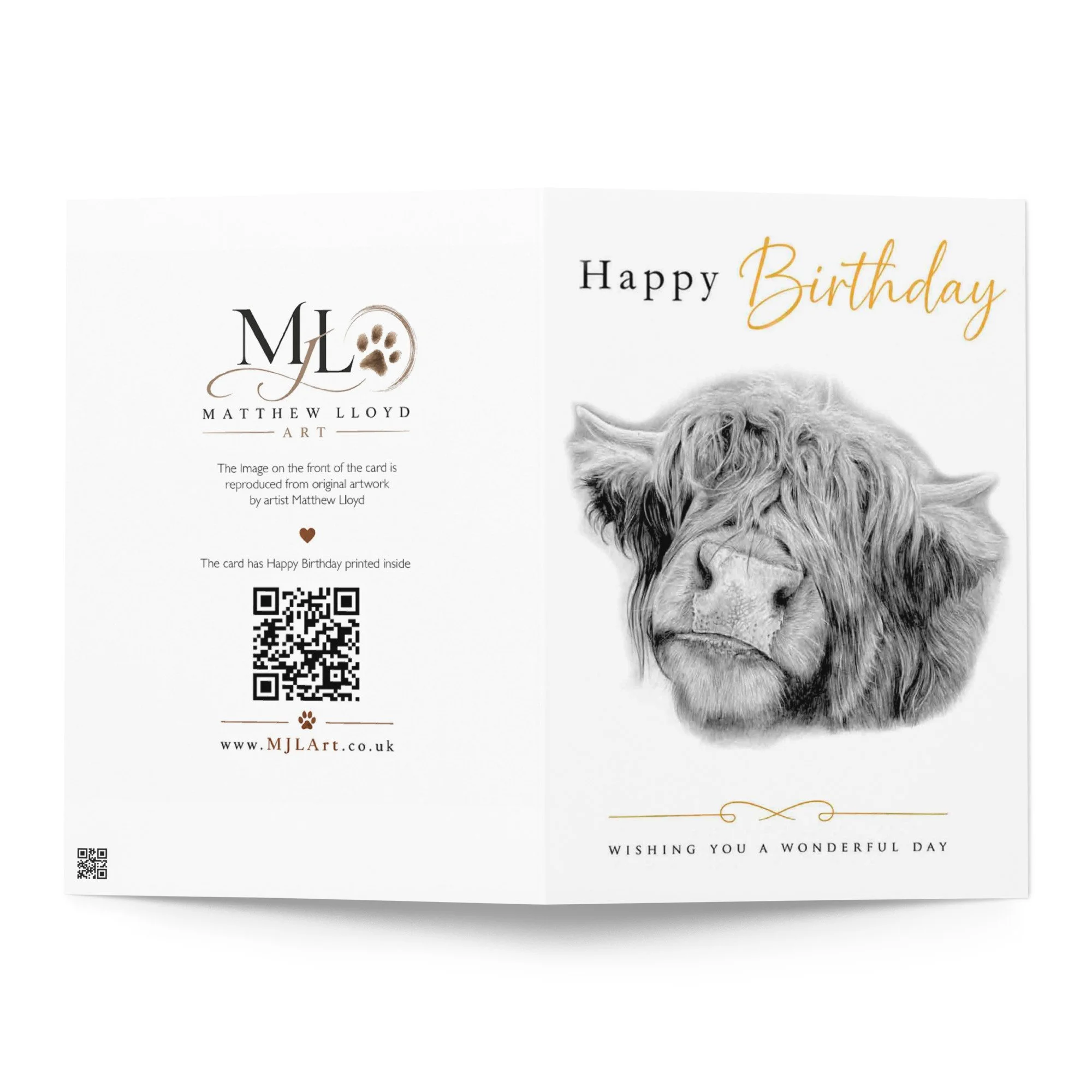Front and back view of the Highland Cow birthday card displaying the original artwork on the front and the reverse design on the back.