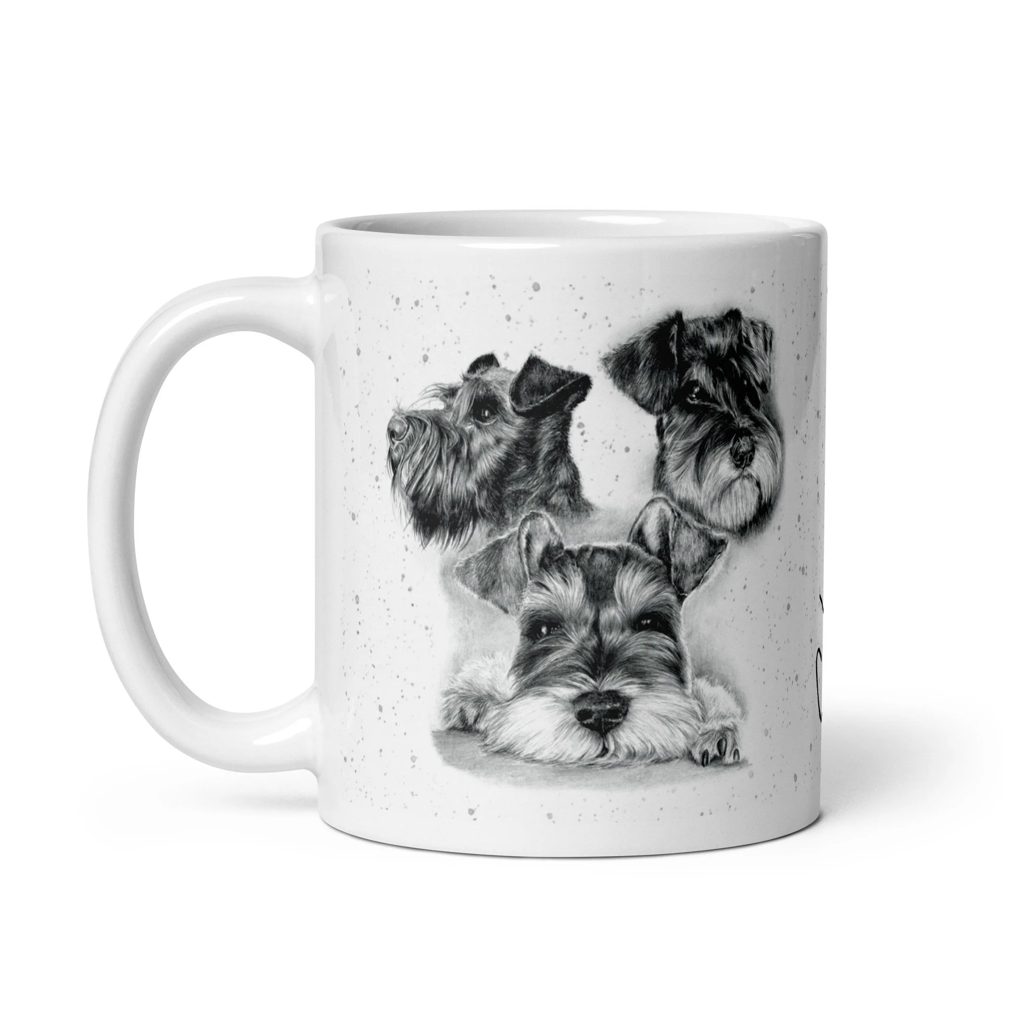 11oz ceramic mug featuring three detailed Schnauzer dogs with a subtle grey fleck design.