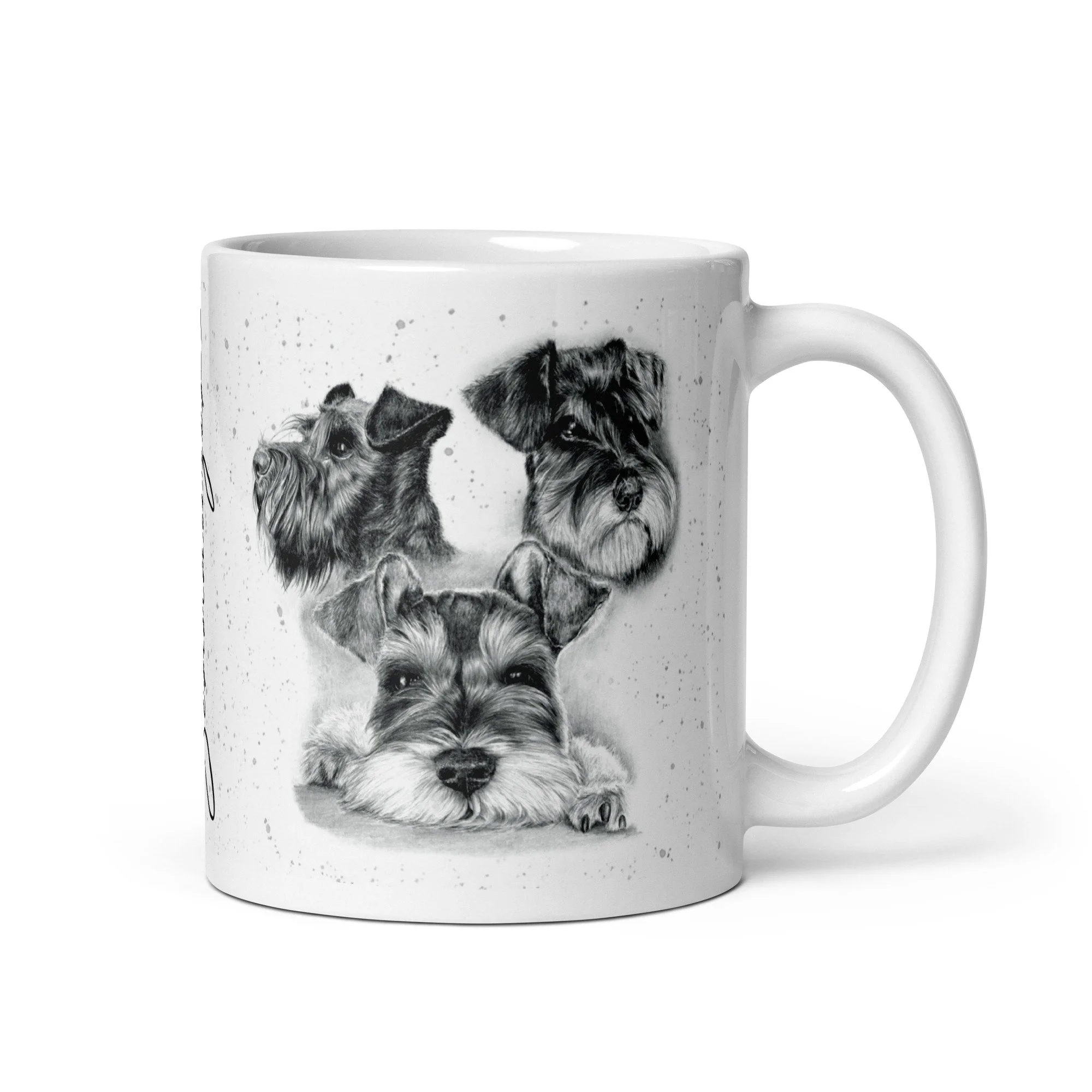 Schnauzer dog mug featuring original artwork of three Schnauzers by Matt Lloyd on a grey fleck background.