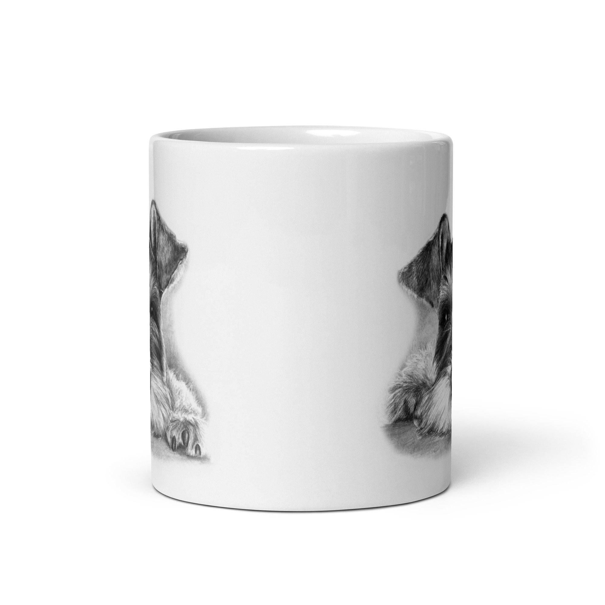 Glossy Miniature Schnauzer coffee mug with vivid dog artwork, dishwasher and microwave safe.