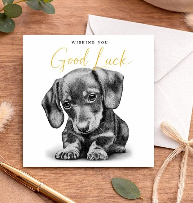 Dachshund good luck card featuring original dog artwork by Matthew Lloyd Art