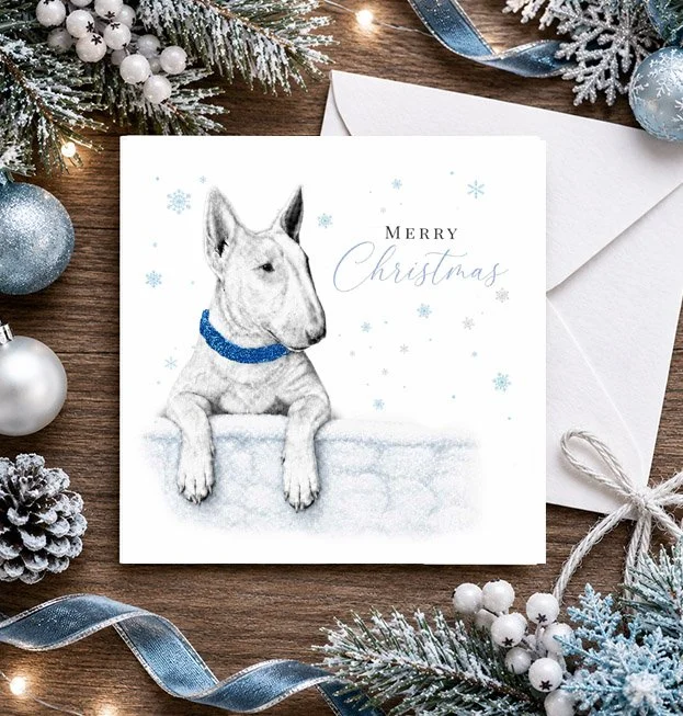 English Bull Terrier Christmas card featuring original festive dog artwork by Matthew Lloyd Art