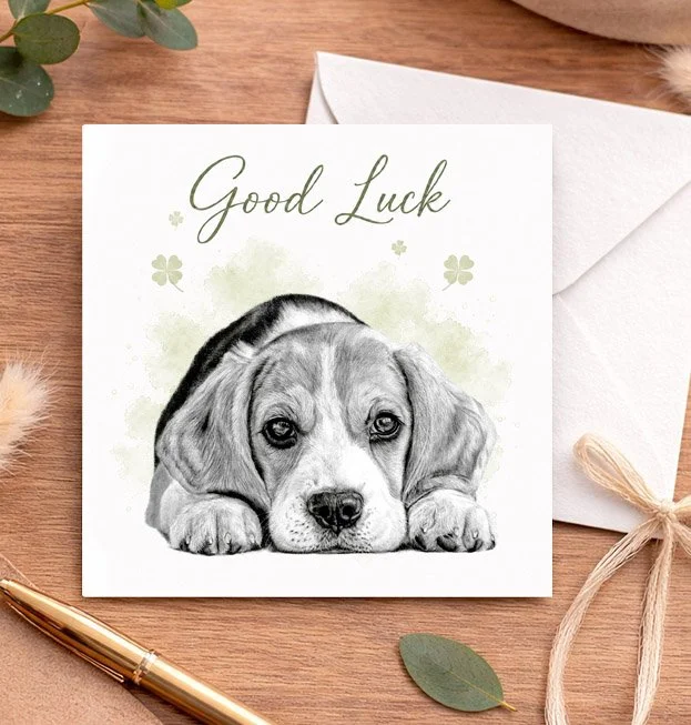 Beagle good luck card featuring original dog artwork by UK artist Matt Lloyd on a luxury square greeting card.