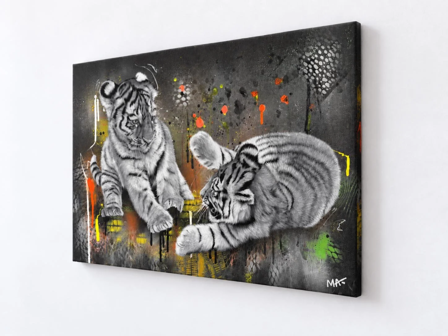 Angled side view of the original tiger cub acrylic painting showing the canvas depth and contemporary black, white and colourful abstract design.