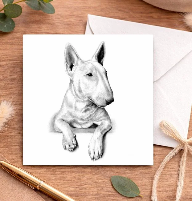 English Bull Terrier greeting card featuring original dog artwork by Matthew Lloyd Art